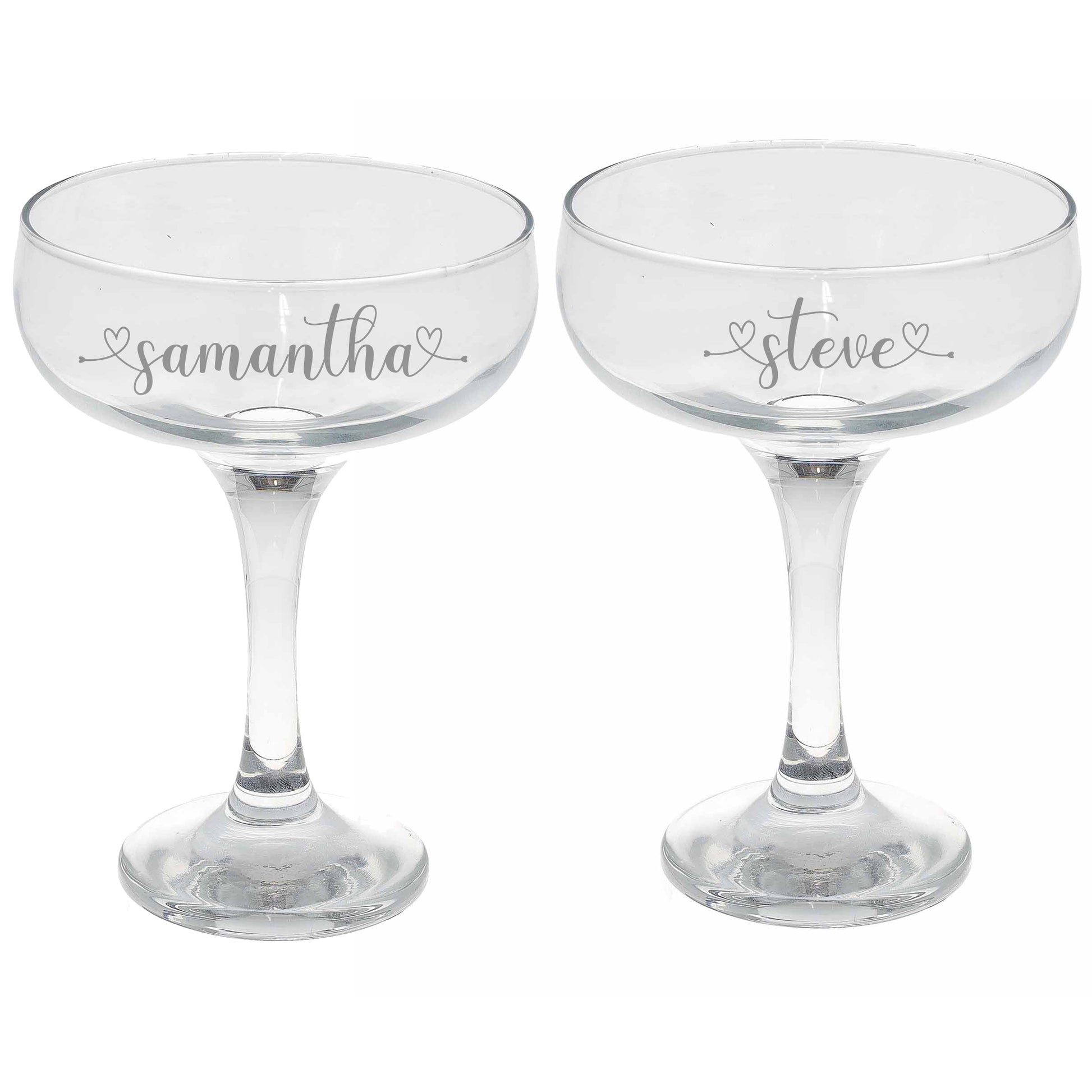 Personalised Engraved Heart and Name Champagne Saucer  - Always Looking Good - Two Glasses  