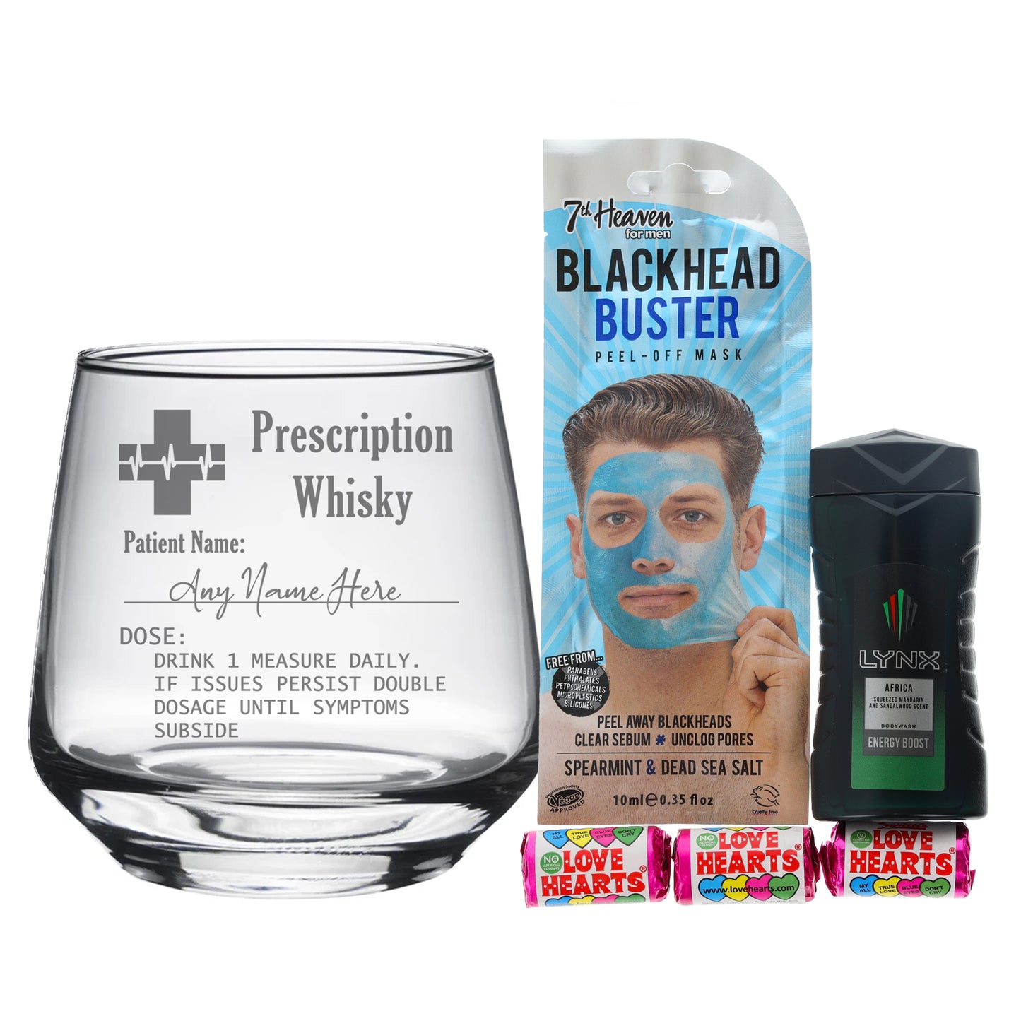 Personalised Engraved Prescription Vodka Glass with any Name - Always Looking Good - Filled with Mens Pamper Products Small Tallo