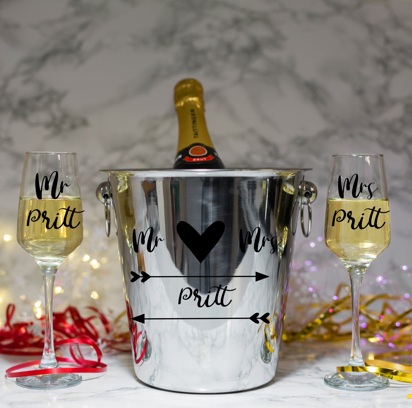 Personalised Mr & Mrs/ Mr & Mr / Mrs & Mrs Ice Bucket With matching Champagne Glasses  - Always Looking Good -   