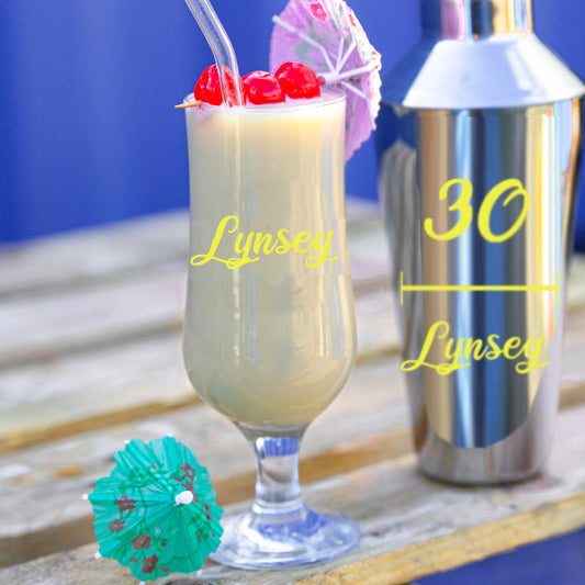 Personalised 30th Birthday Cocktail Shaker & Pina Colada Glass Gift Set  - Always Looking Good -   