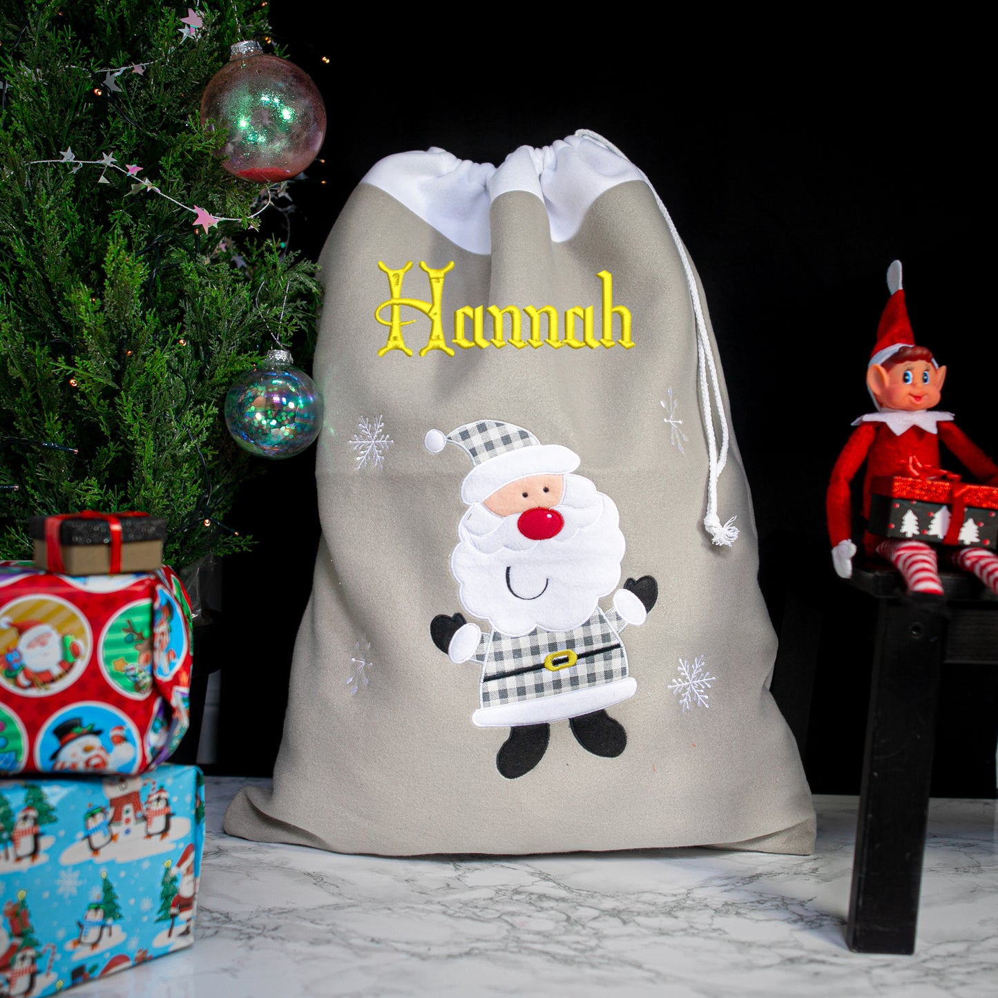 Personalised Embroidered Large Grey Christmas Reindeer Or Santa Sack and Stocking Set  - Always Looking Good -   