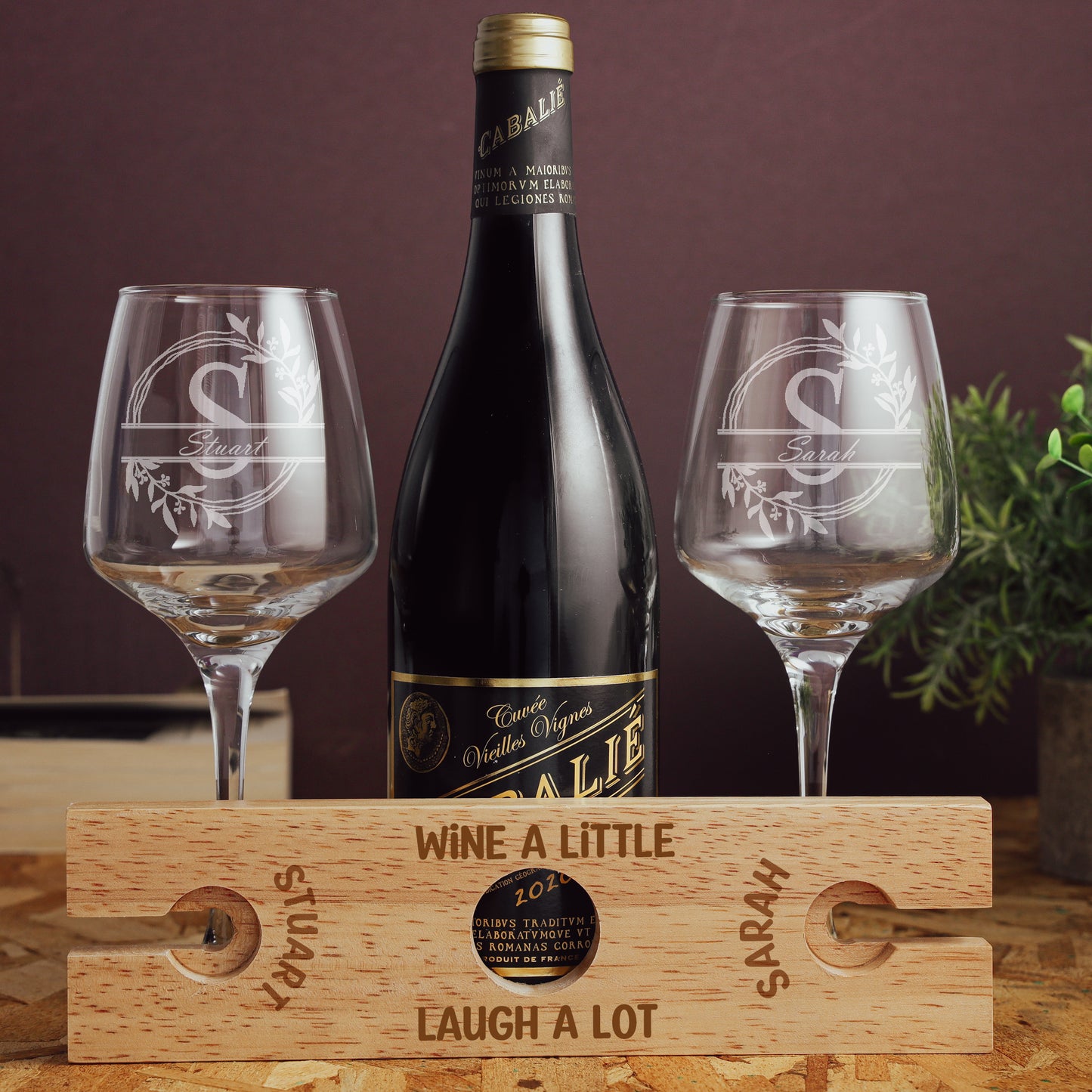 Engraved Personalised "Wine A Little, Laugh A Lot" Wooden 2 Wine Glass Butler Caddy - Always Looking Good -