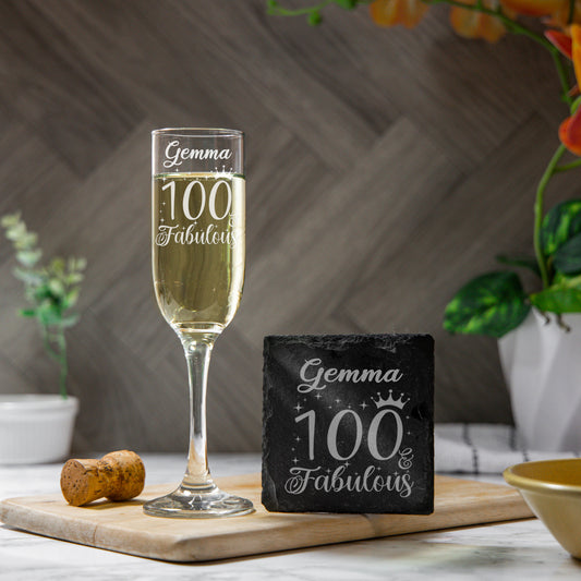 100 & Fabulous Engraved Champagne Glass and/or Coaster Set  - Always Looking Good - Glass & Square Coaster Set  