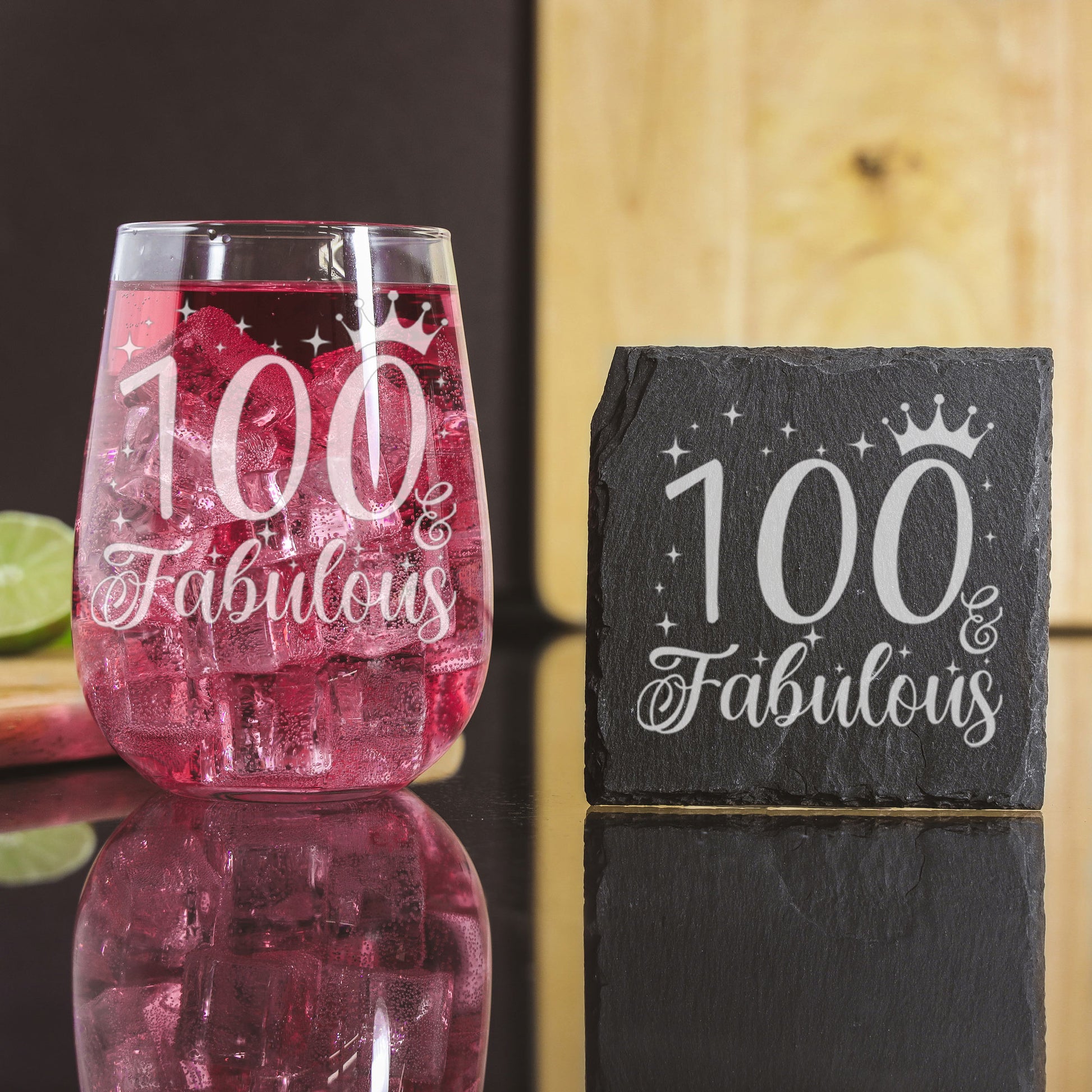 100 & Fabulous Engraved Stemless Gin Glass and/or Coaster Set  - Always Looking Good - Glass & Square Coaster Set  