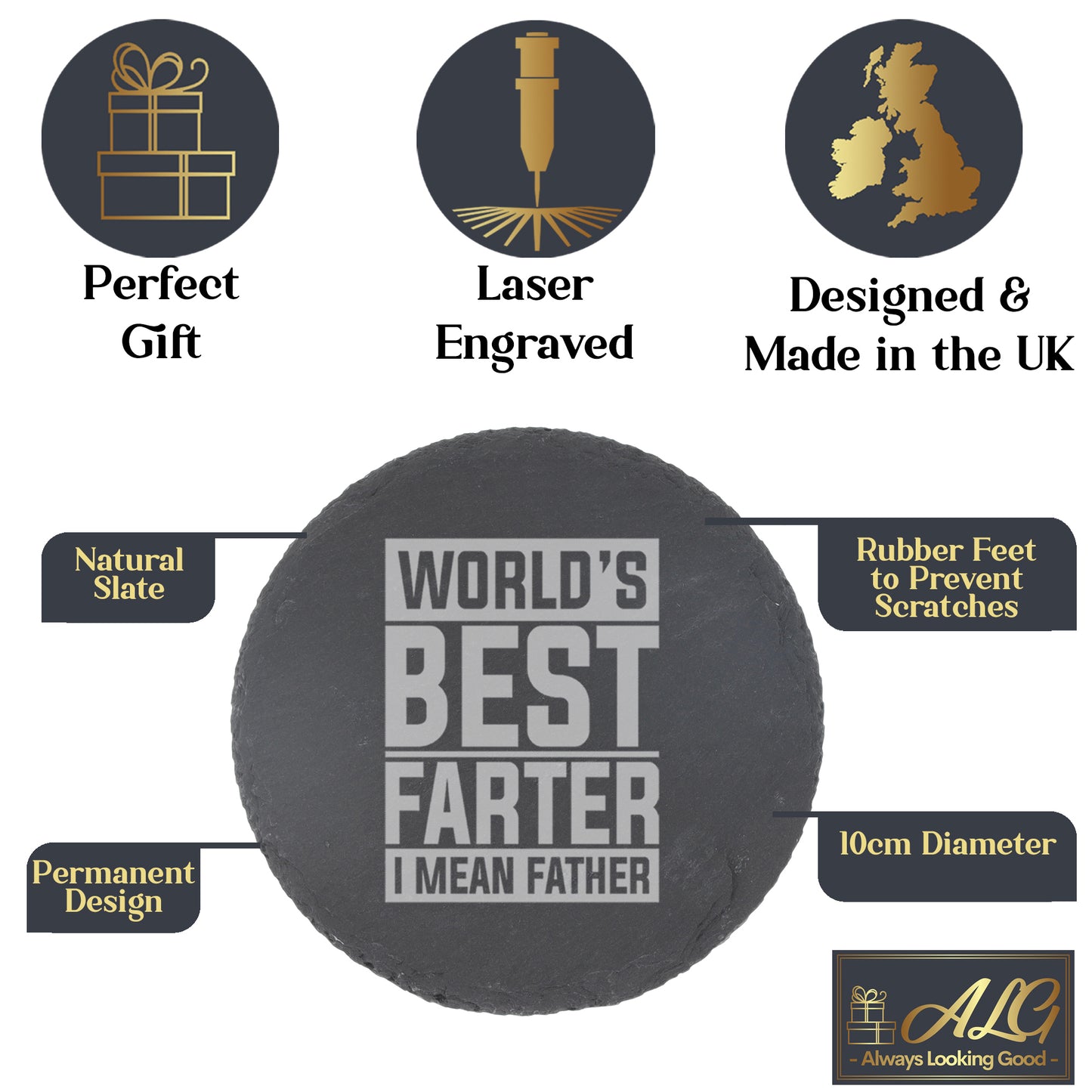 Worlds Best Farter I Mean Father Engraved Beer Glass and/or Coaster Set  - Always Looking Good -   