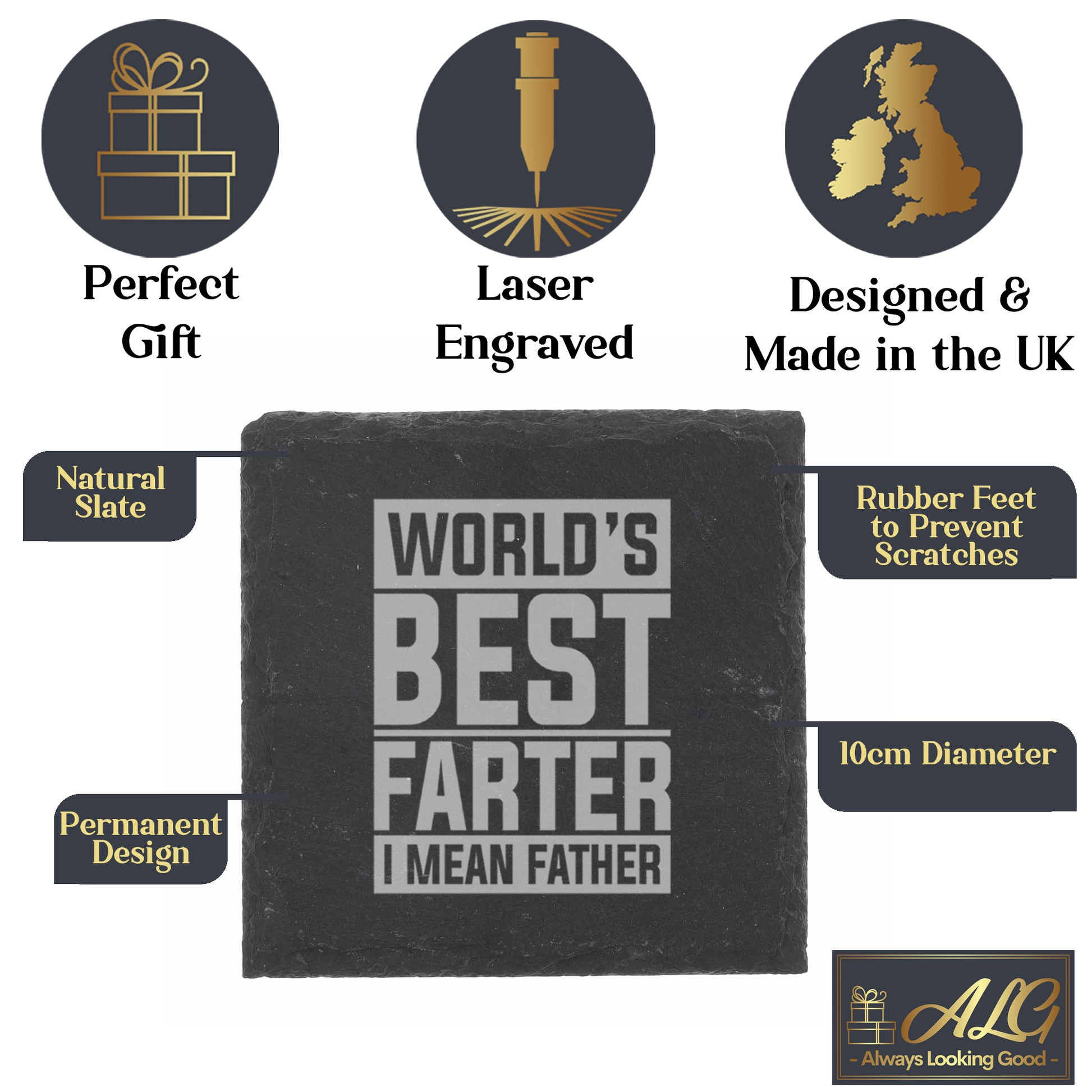 Worlds Best Farter I Mean Father Engraved Beer Glass and/or Coaster Set  - Always Looking Good -   