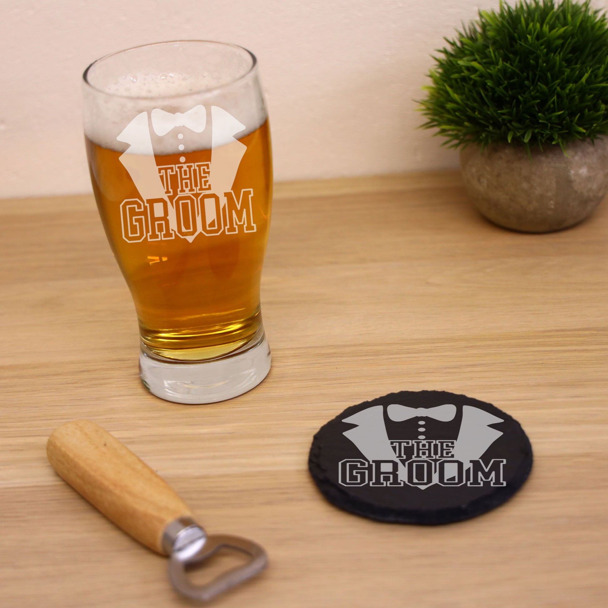 The Groom Engraved Beer Glass and/or Coaster Set  - Always Looking Good - Glass & Round Coaster Set  