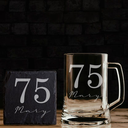 Personalised Beer Stein Glass & Coaster – Engraved with Age & Name Gift Set