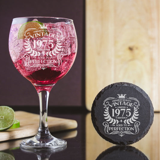 Milestone Birthday Gift - Vintage Engraved Goblet Gin Glass and/or Coaster Set