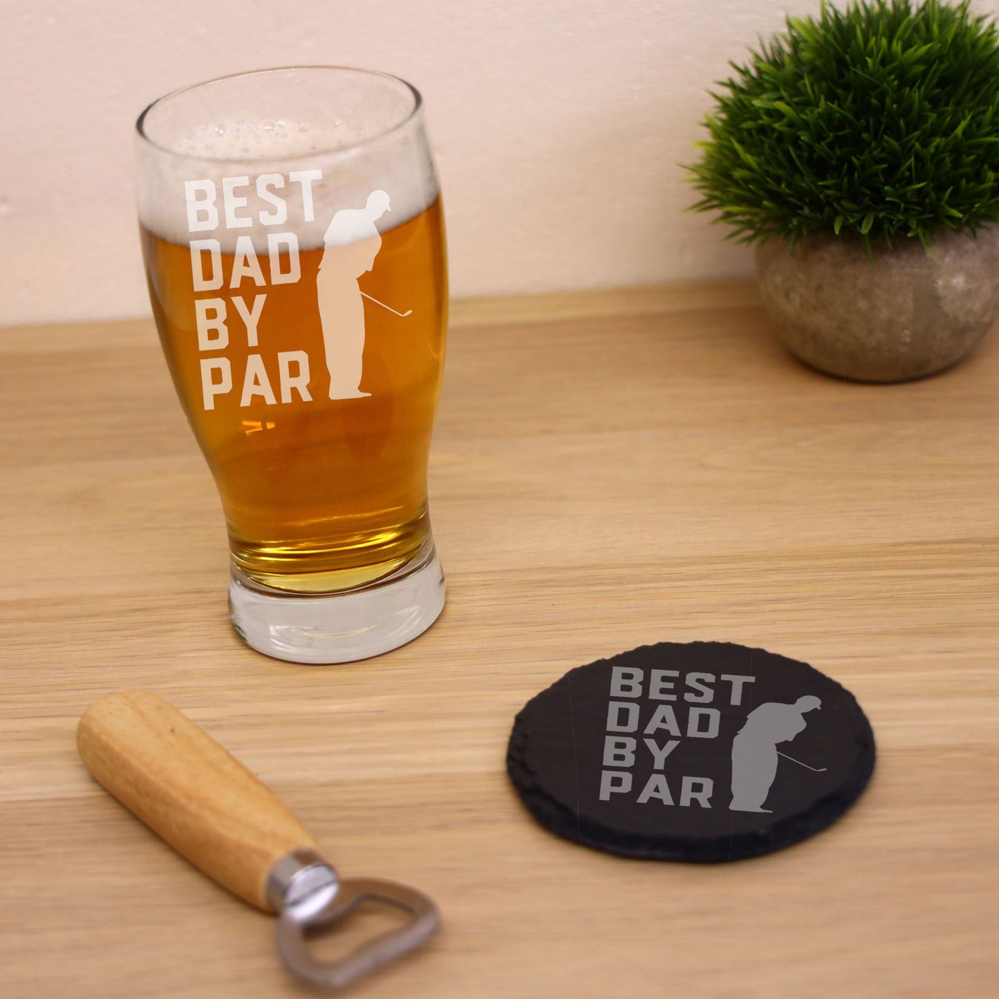 Best Dad By Par Engraved Beer Glass and/or Coaster Set  - Always Looking Good - Glass & Round Coaster Set  