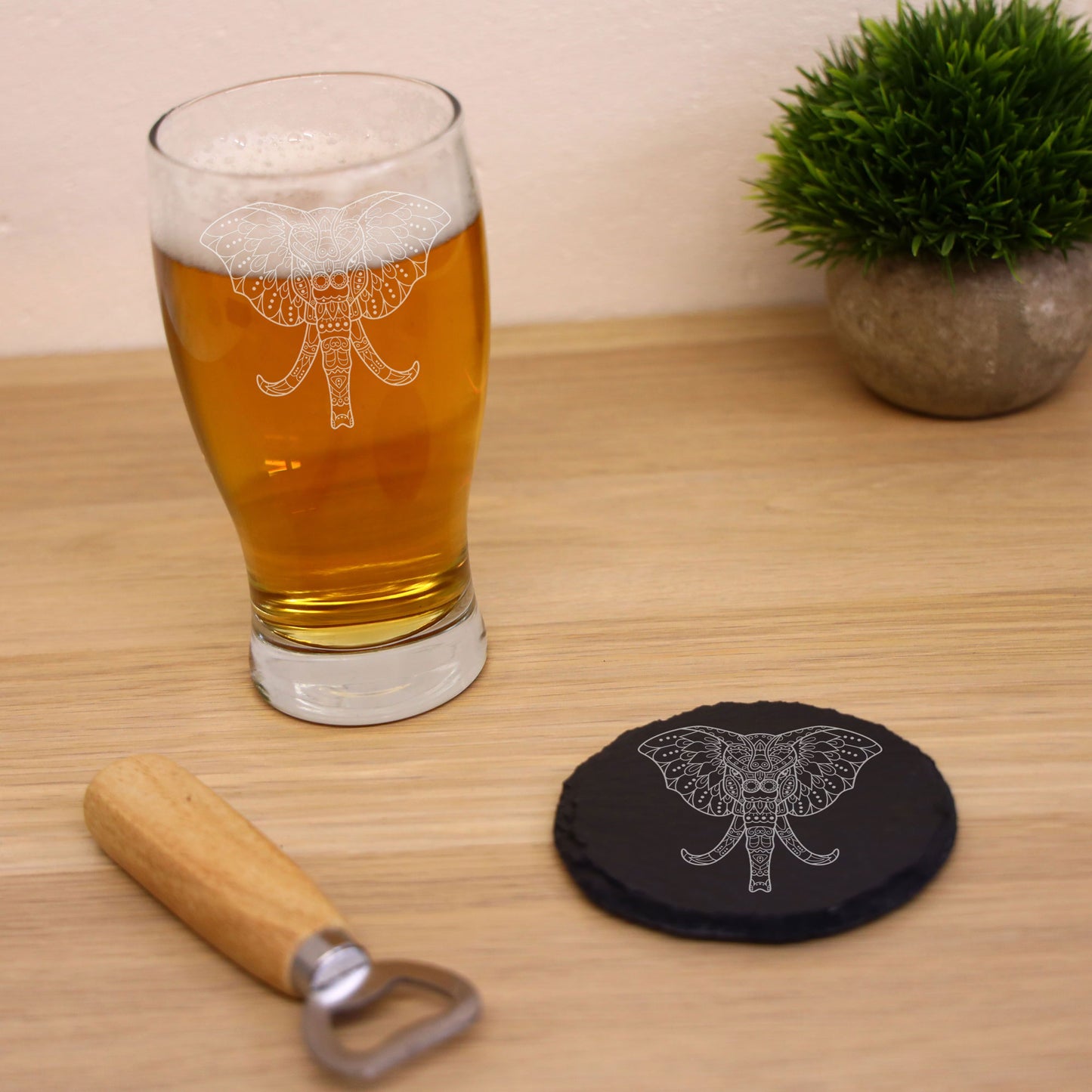 Elephant Mandala Engraved Beer Glass and/or Coaster Set  - Always Looking Good - Glass & Round Coaster Set  