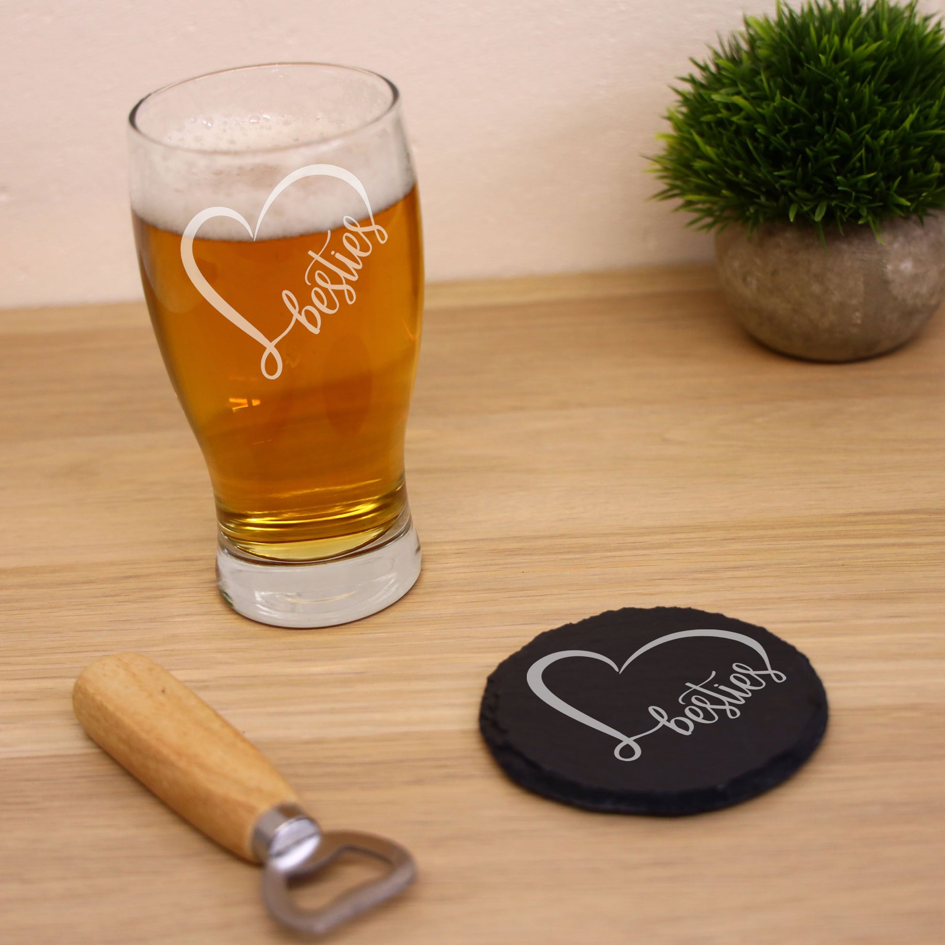 Besties Engraved Beer Pint Glass and/or Coaster Set  - Always Looking Good - Glass & Round Coaster Set  