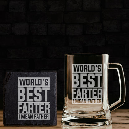 Best Farter I Mean Father Beer Stein Glass & Slate Coaster Gift