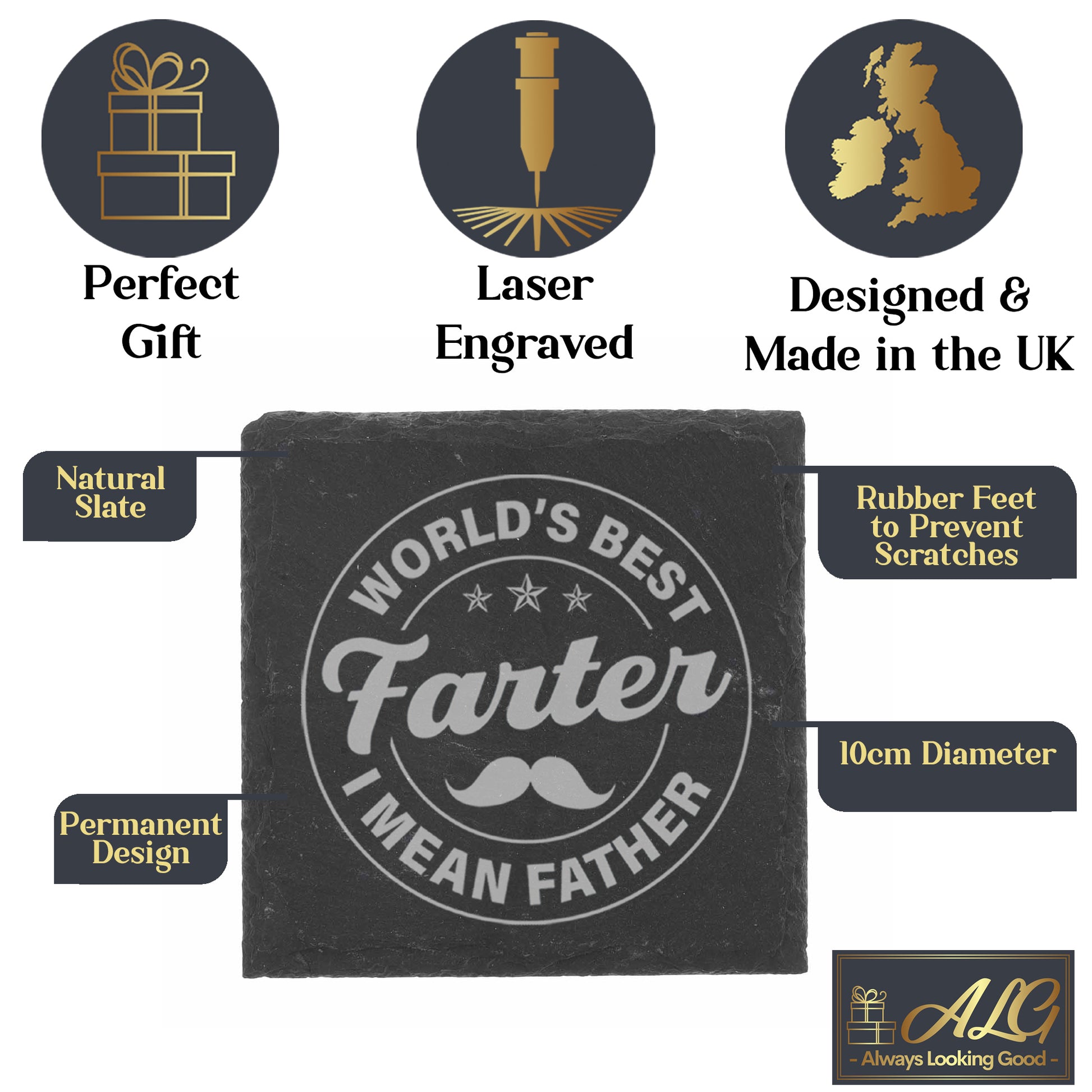 Worlds Best Farter I Mean Father Engraved Beer Glass and/or Coaster Set  - Always Looking Good -   