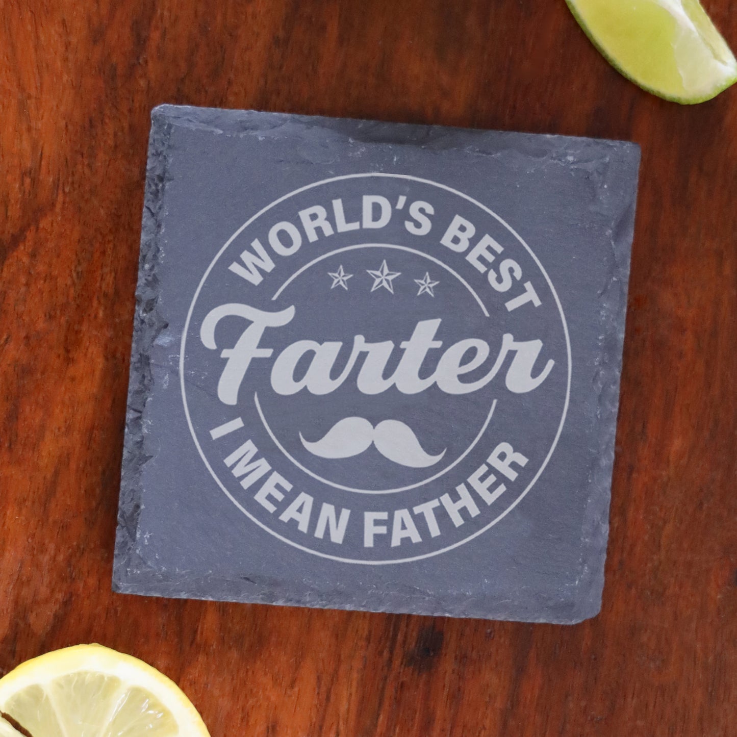 "Worlds Best Farter I Mean Father" Novelty Engraved Whisky Glass for Dad  - Always Looking Good - Square Coaster Only  
