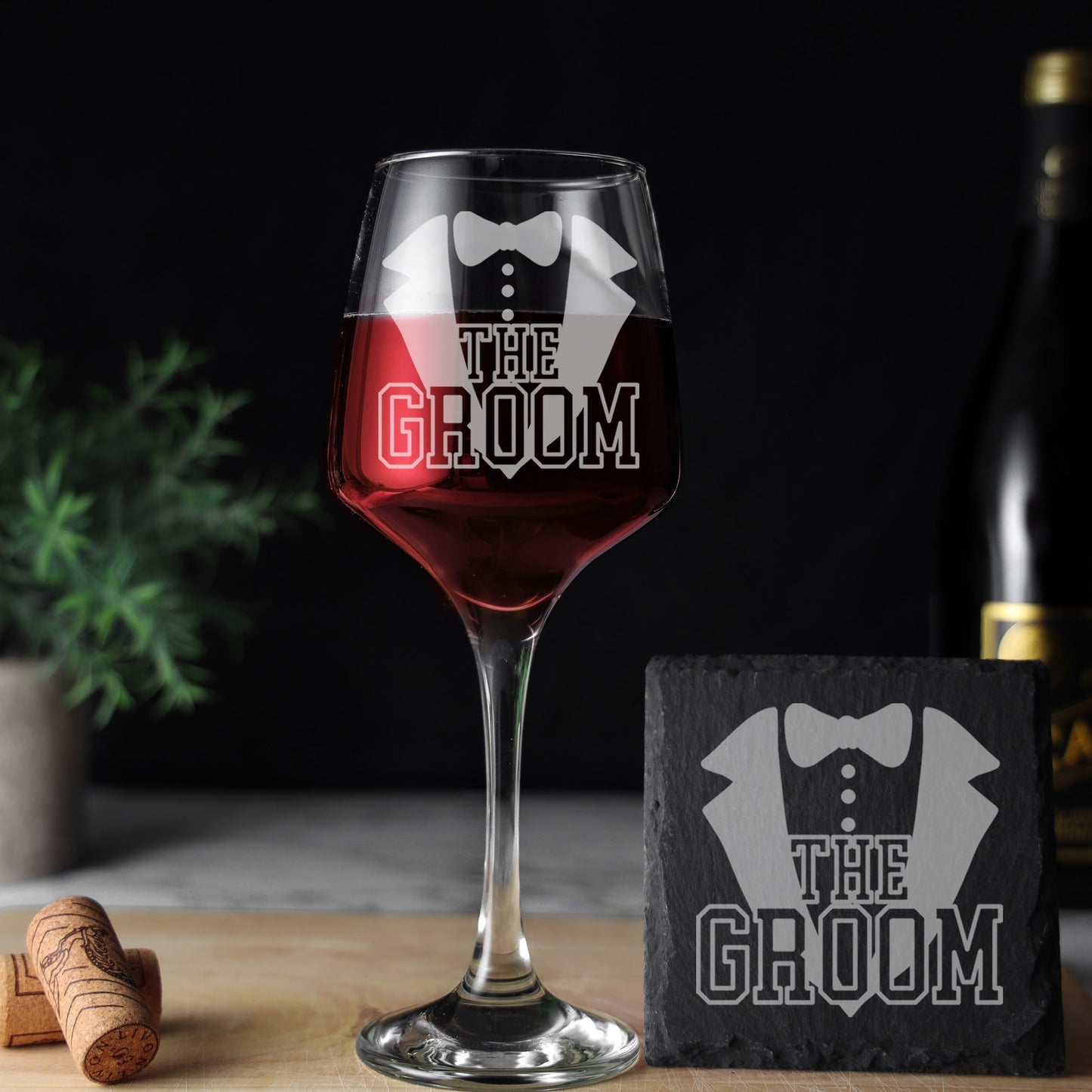 The Groom Engraved Wine Glass and/or Coaster Set  - Always Looking Good - Glass & Square Coaster Set  