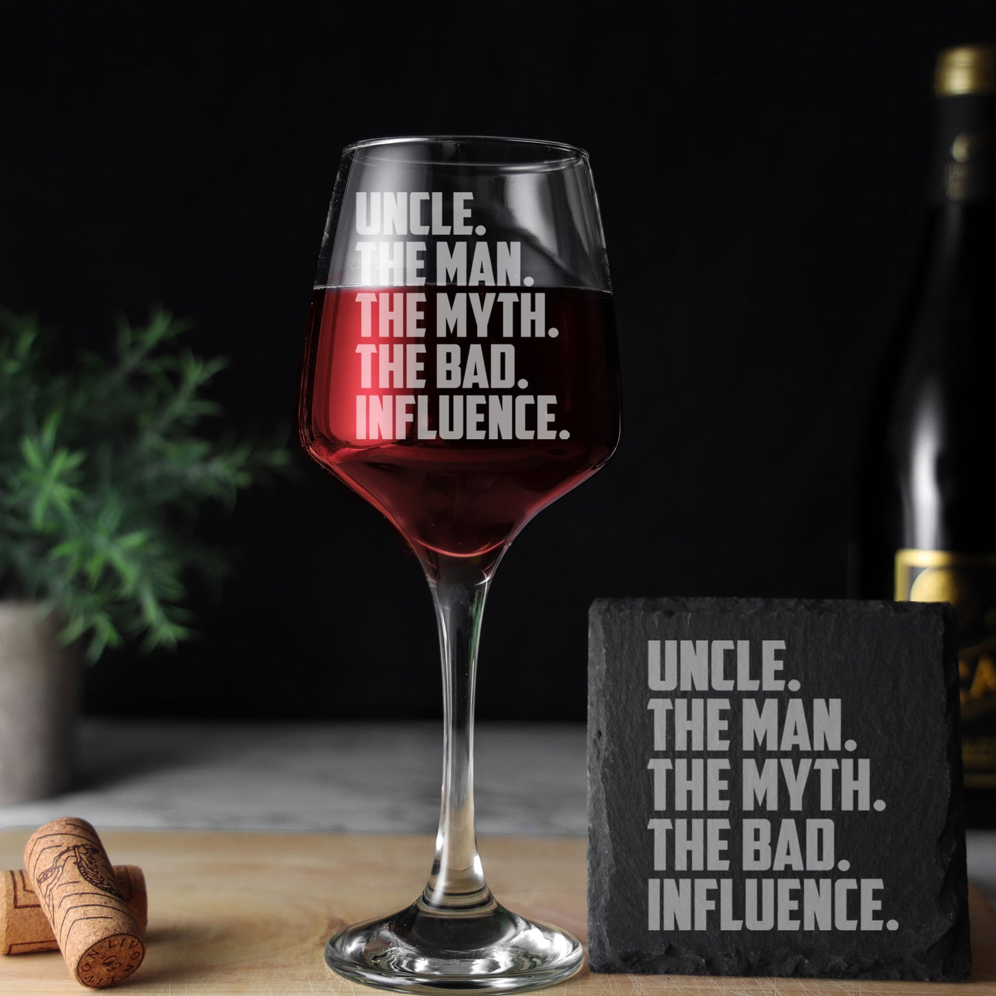 Uncle, The Man, The Myth, The Bad Influence Engraved Wine Glass and/or Coaster Set  - Always Looking Good - Glass & Square Coaster Set  