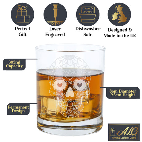 Sugar Skull Engraved Whisky Glass  - Always Looking Good -   
