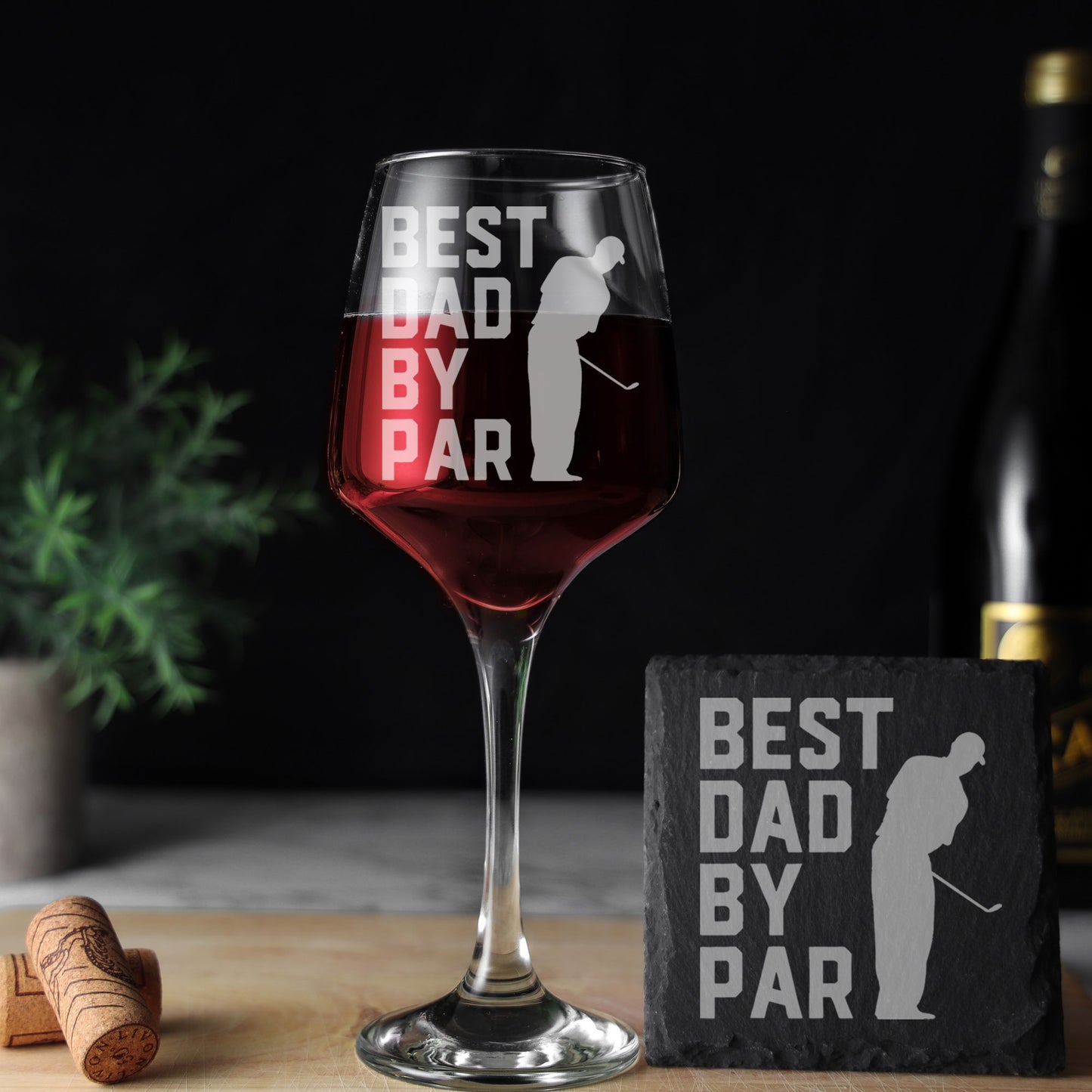 Best Dad By Par Engraved Wine Glass and/or Coaster Set  - Always Looking Good - Glass & Square Coaster Set  