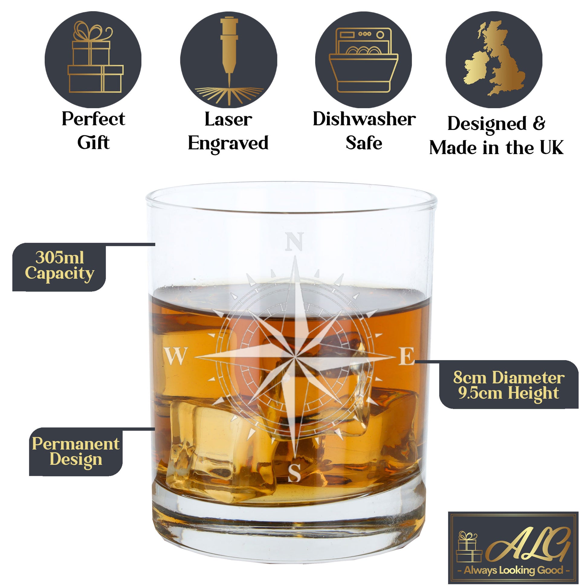 Compass Engraved Whisky Glass and/or Coaster Set  - Always Looking Good -   