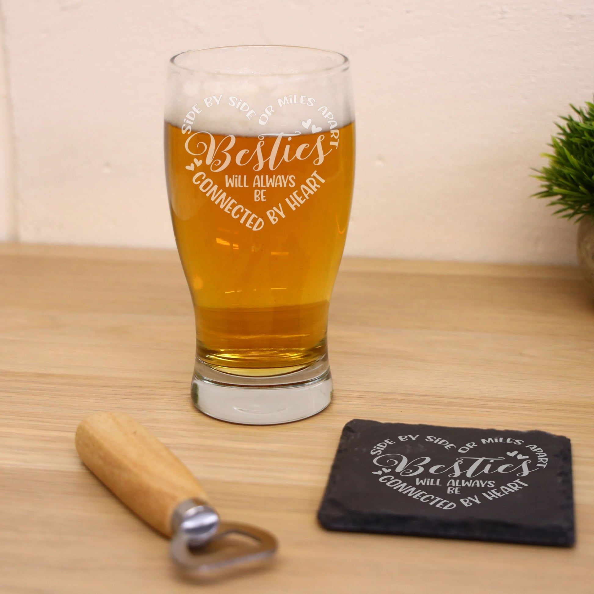 Besties Connected By Heart Engraved Beer Glass and/or Coaster Set  - Always Looking Good - Glass & Square Coaster Set  