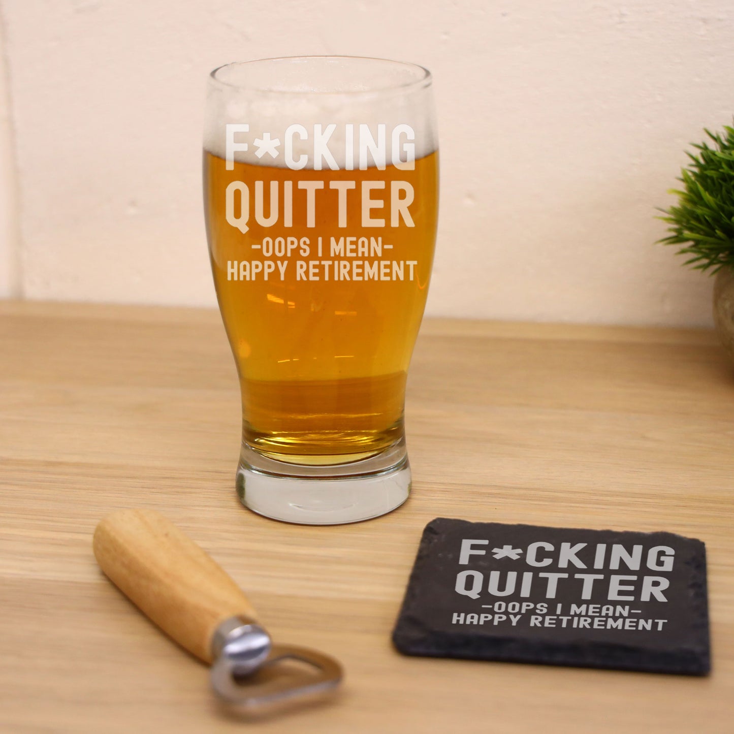 Engraved "F*cking Quitter, Oops I mean Happy Retirement" Beer Glass and/or Coaster Novelty Gift  - Always Looking Good - Glass & Square Coaster Set  