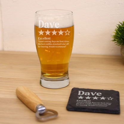 Personalised 5 Star Review Engraved Pint Glass and/or Coaster Set
 - Always Looking Good -   