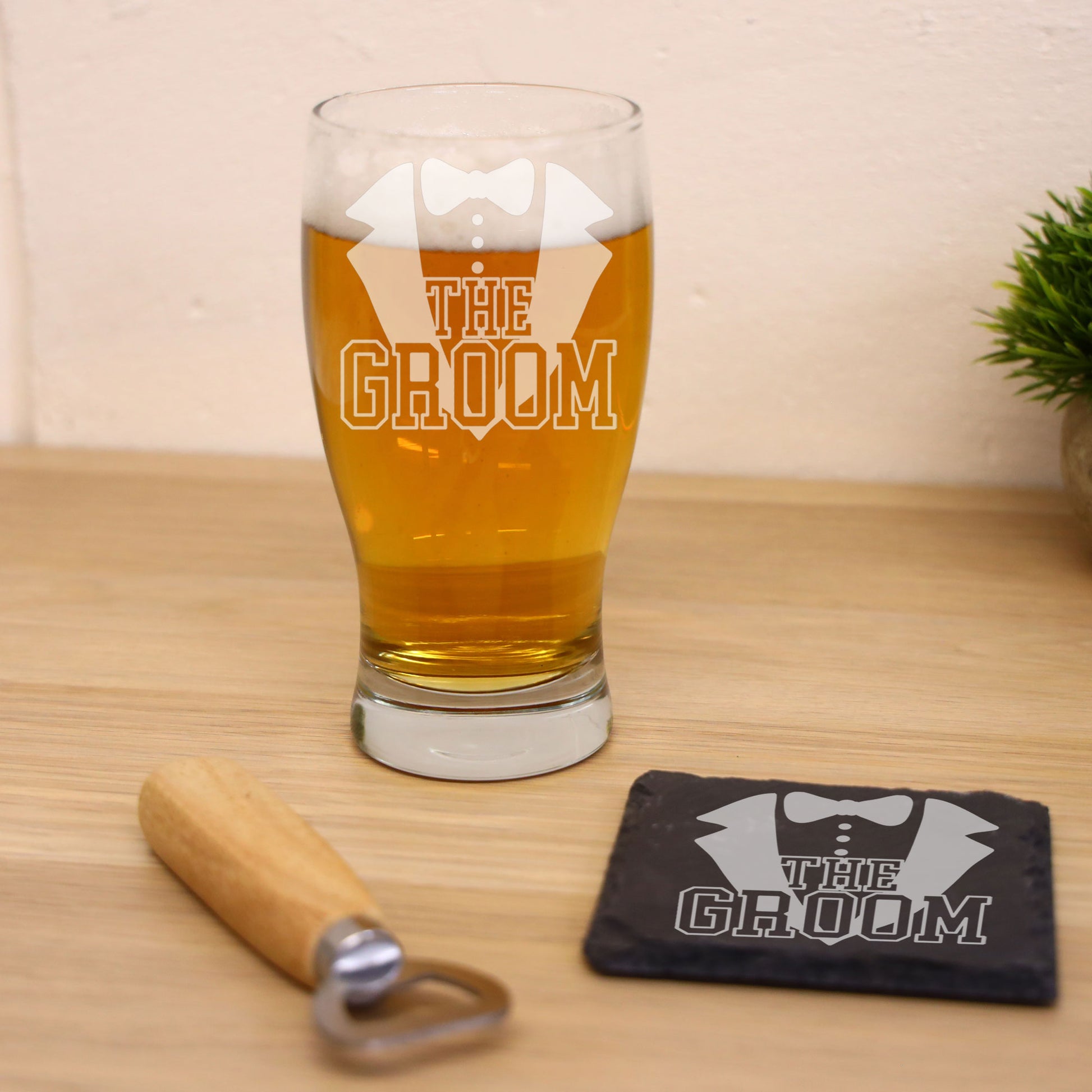 The Groom Engraved Beer Glass and/or Coaster Set  - Always Looking Good - Glass & Square Coaster Set  