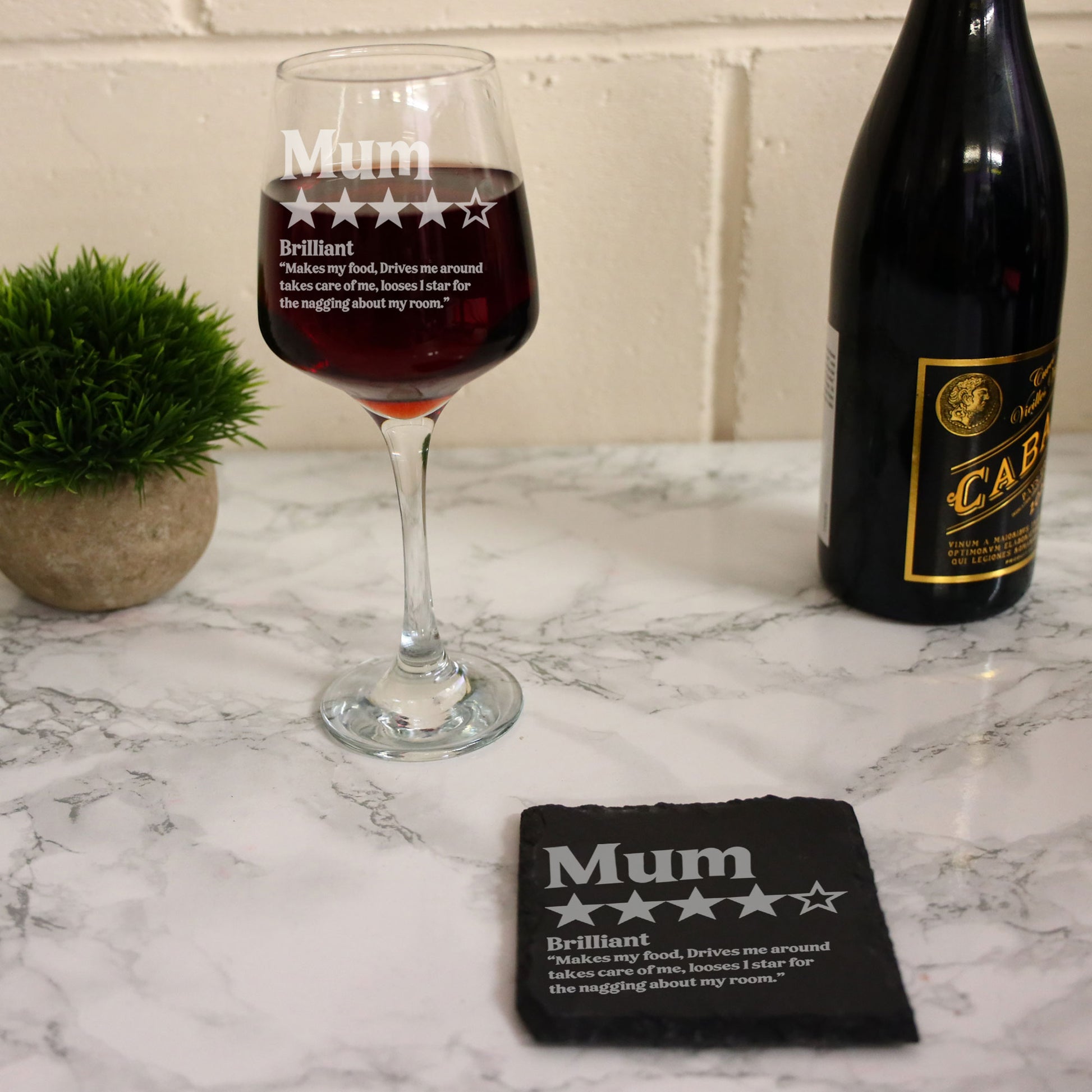 Personalised Novelty 5 Star Review Engraved Wine Glass and/or Coaster Set  - Always Looking Good -   