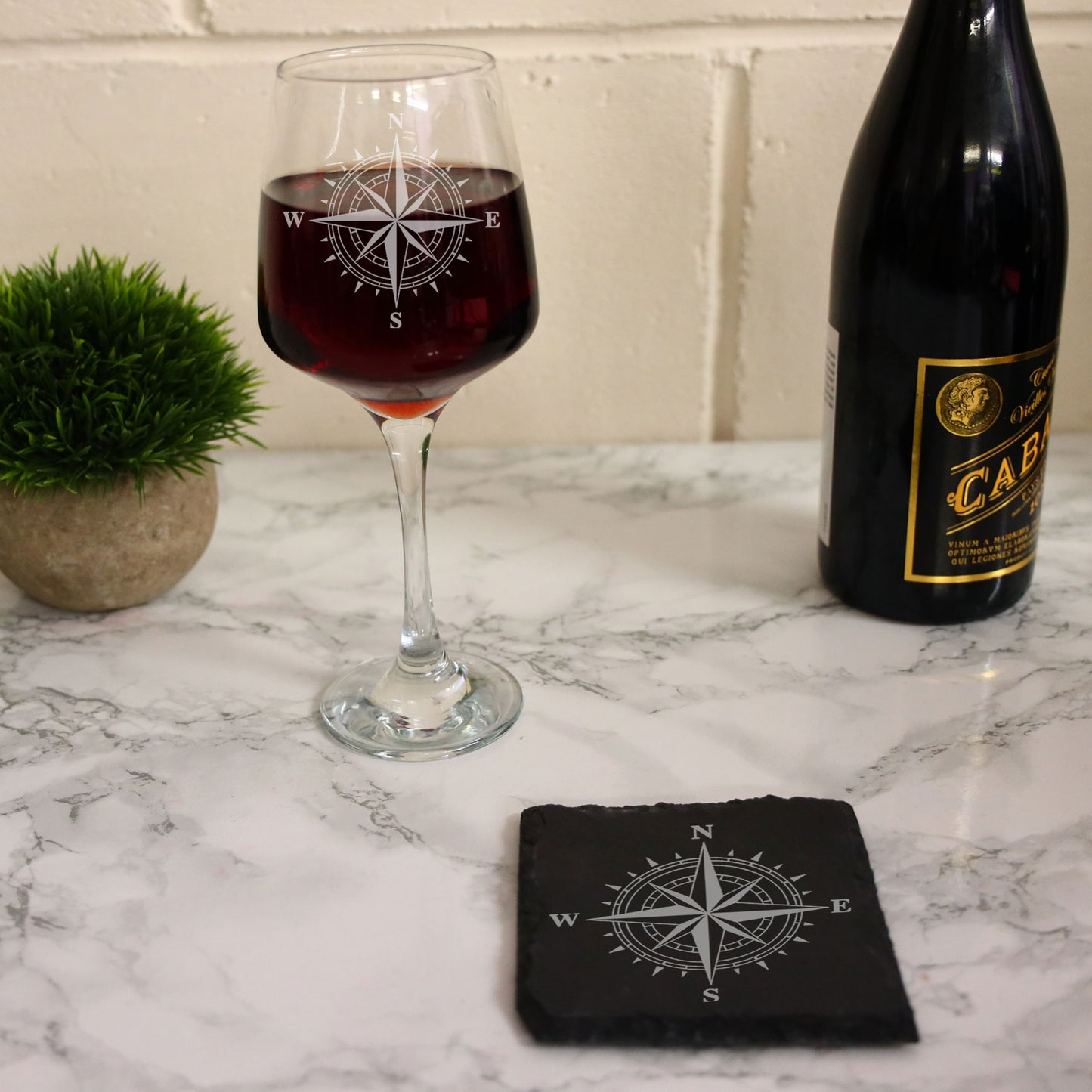 Compass Engraved Wine Glass and/or Coaster Set  - Always Looking Good -   