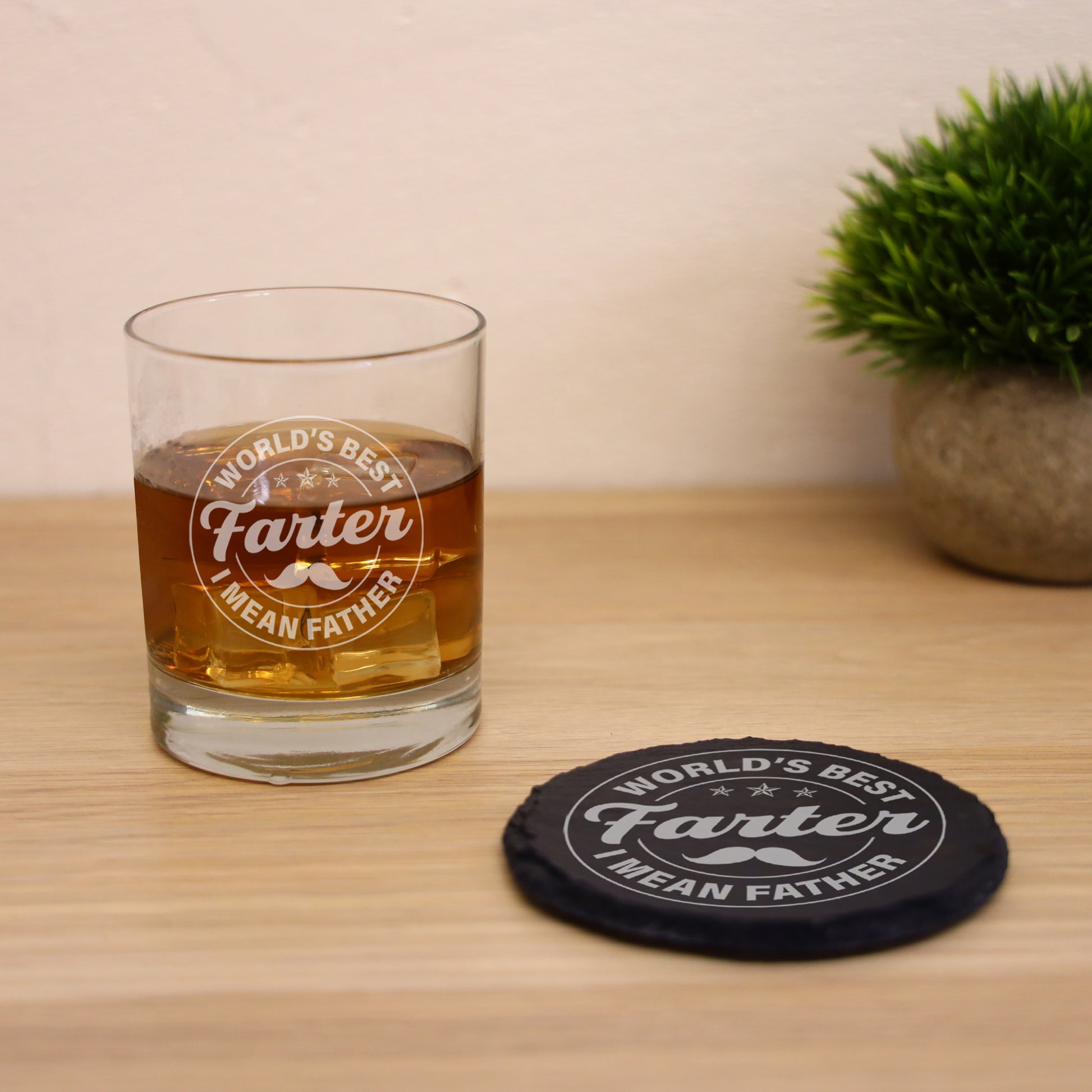 "Worlds Best Farter I Mean Father" Novelty Engraved Whisky Glass  - Always Looking Good - Glass & Round Coaster  