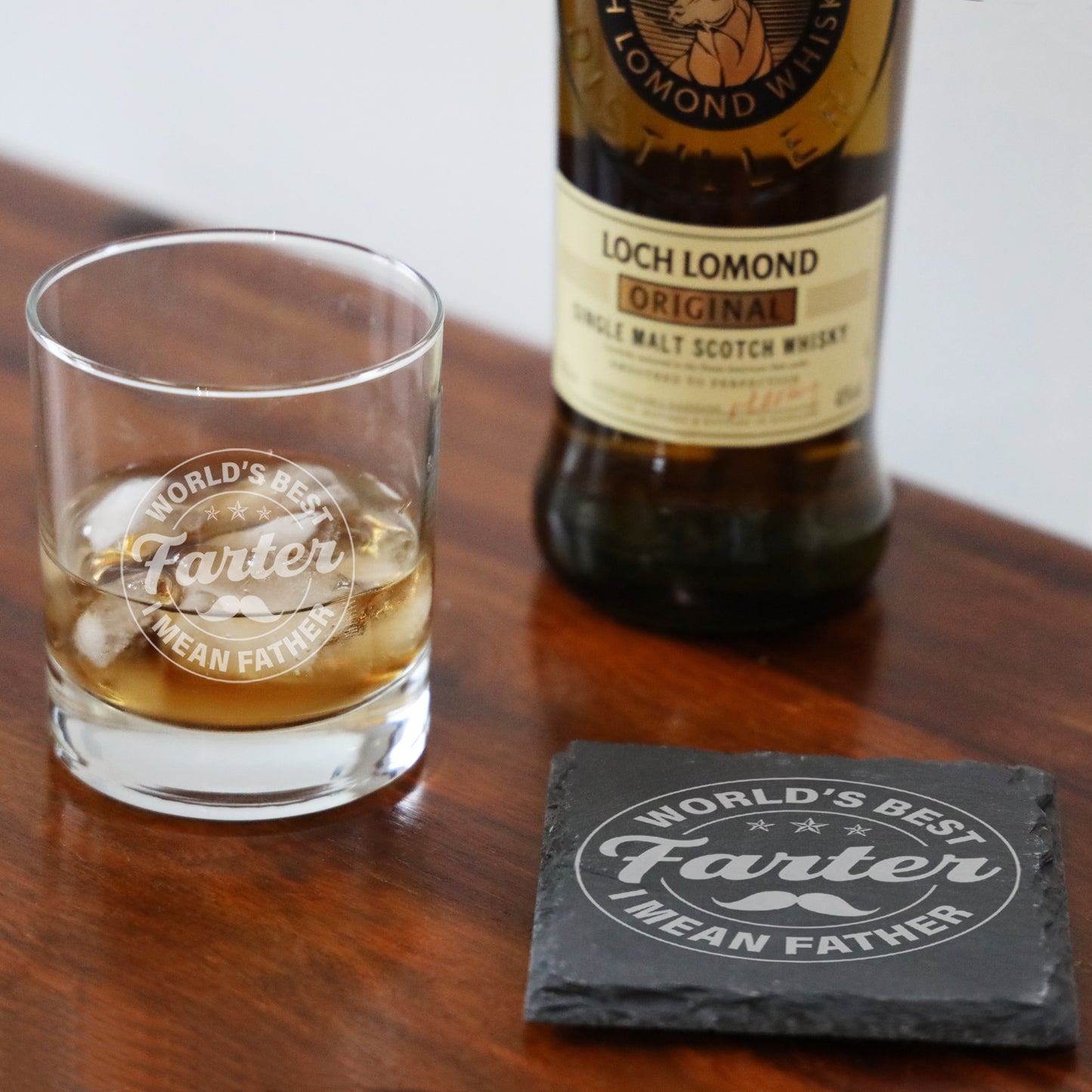 "Worlds Best Farter I Mean Father" Novelty Engraved Whisky Glass  - Always Looking Good - Glass & Square Coaster  