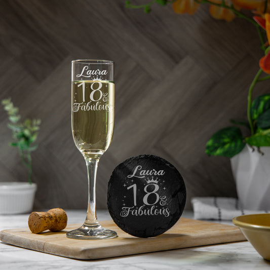 18 & Fabulous Engraved 18th birthday gifts Champagne Glass and/or Coaster Set  - Always Looking Good - Glass & Square Coaster Set  