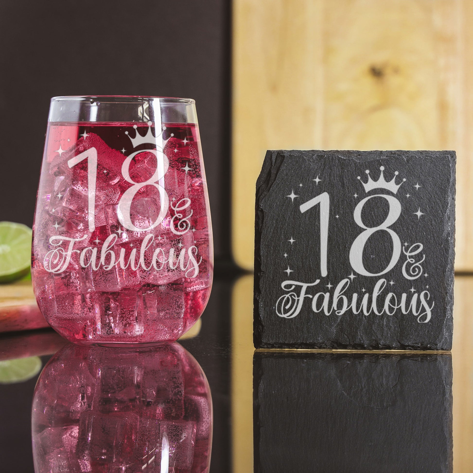 18 & Fabulous Engraved Stemless Gin Glass and/or Coaster Set  - Always Looking Good - Glass & Square Coaster Set  