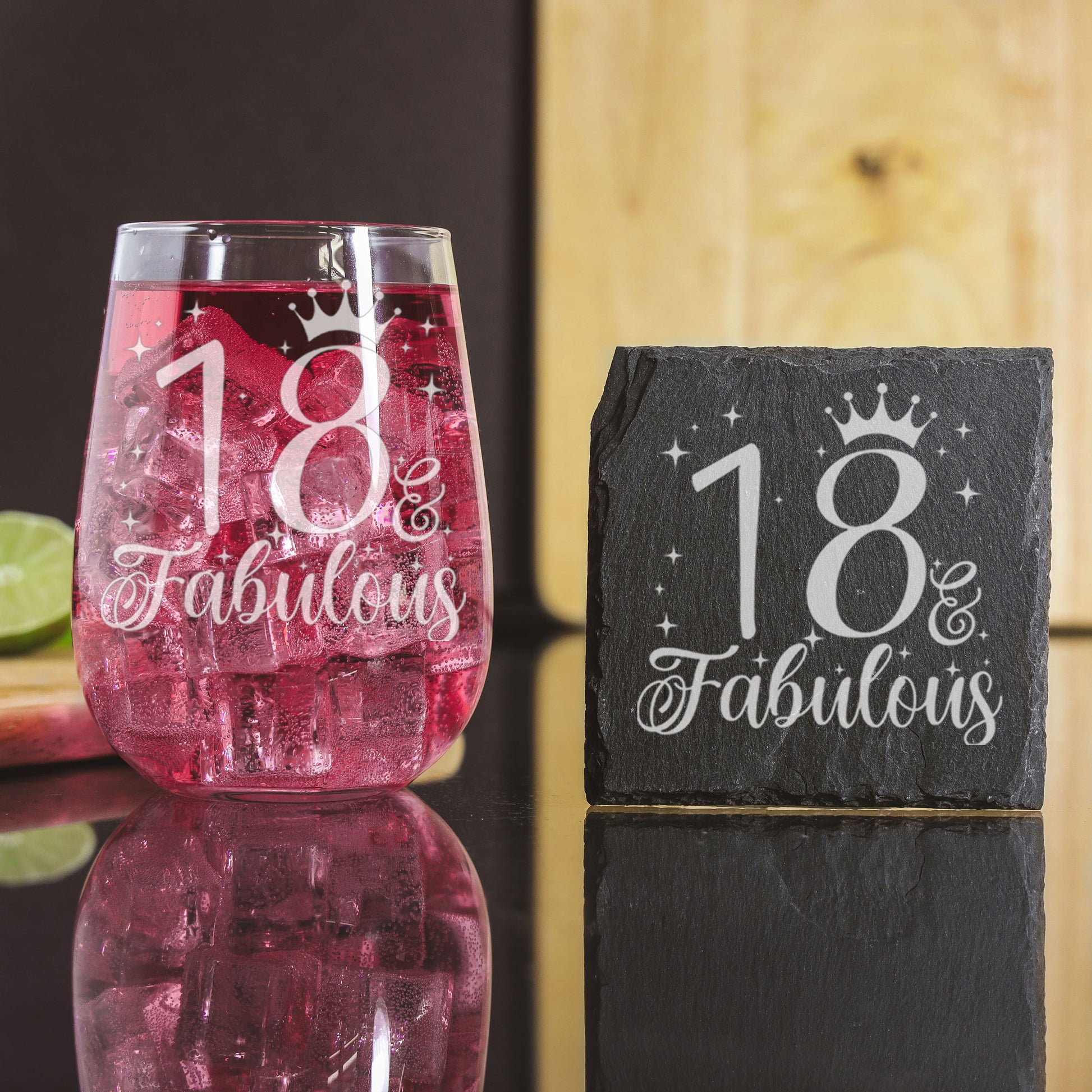 18 & Fabulous Engraved 18th birthday gift Stemless Gin Glass and/or Coaster Set  - Always Looking Good -   
