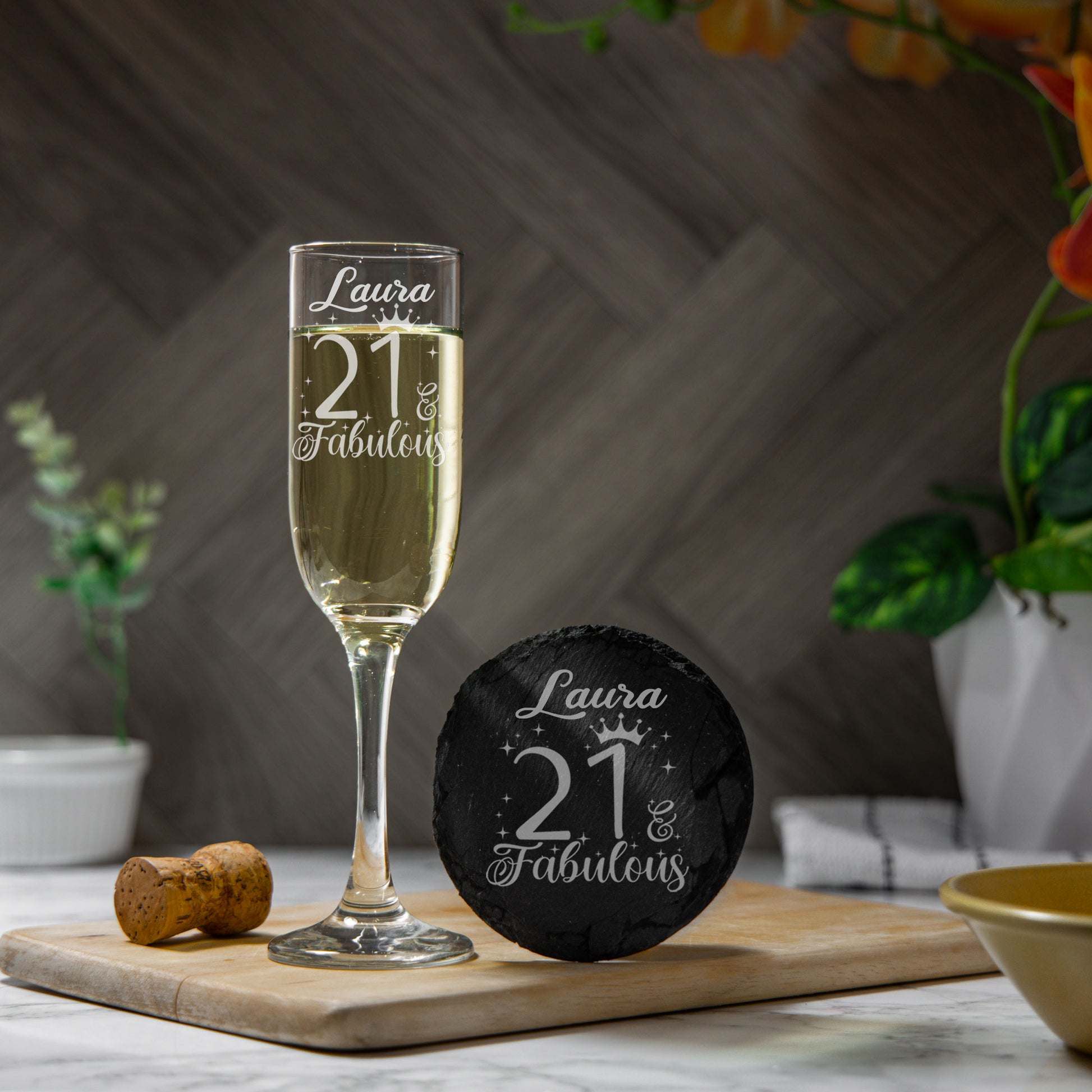 21 & Fabulous Engraved Champagne Glass and/or Coaster Set  - Always Looking Good - Glass & Round Coaster Set  