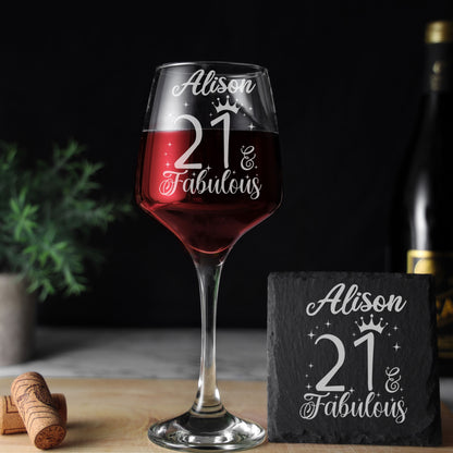 AGE & Fabulous Wine Glass For Birthday With Engraved Age (18-100) & Coaster