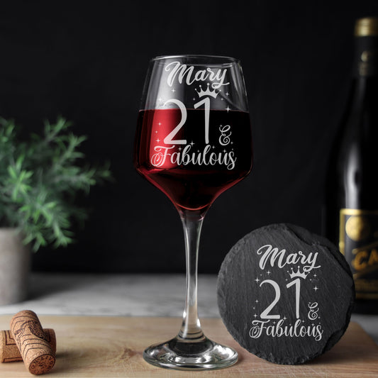 AGE & Fabulous Birthday Keepsake Engraved Wine Glass and/or Coaster Set