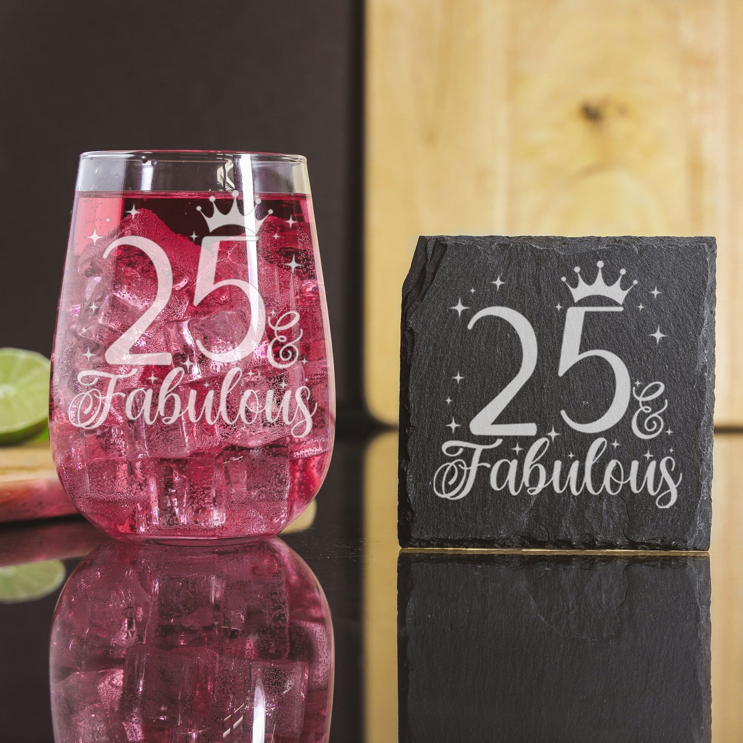 25 & Fabulous Engraved Stemless Gin Glass and/or Coaster Set  - Always Looking Good - Glass & Square Coaster Set  