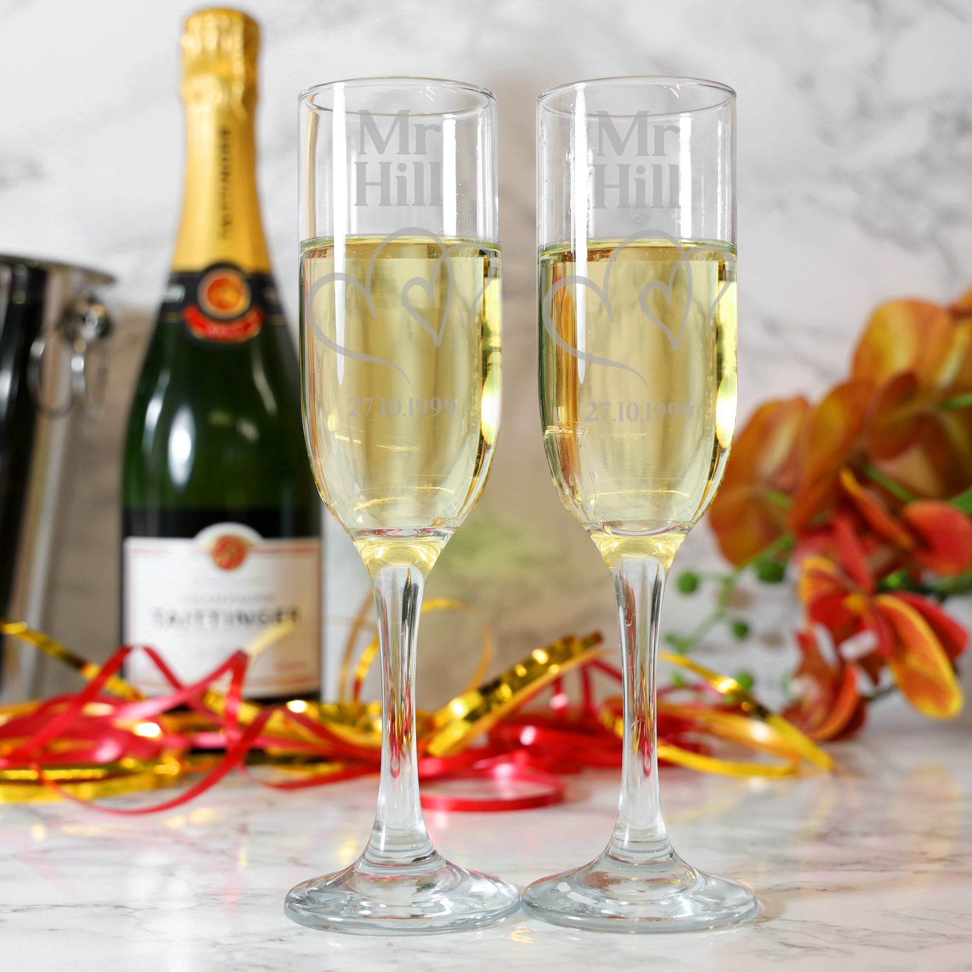 Personalised Engraved Mr and Mrs Champagne Glasses Set