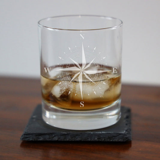 Compass Engraved Whisky Glass and/or Coaster Set  - Always Looking Good -   