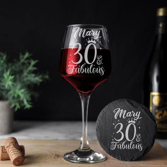 AGE & Fabulous Birthday Keepsake Engraved Wine Glass and/or Coaster Set