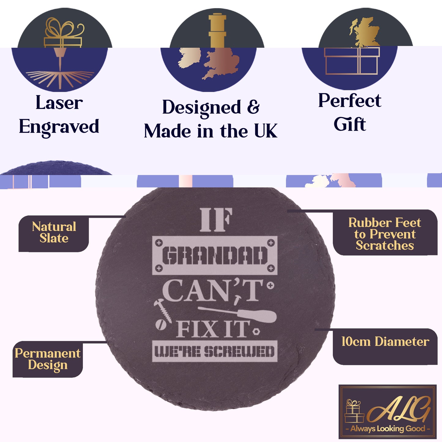 Engraved "If Grandad Can't Fix It We're Screwed " Novelty Whisky Glass and/or Coaster Set  - Always Looking Good -   