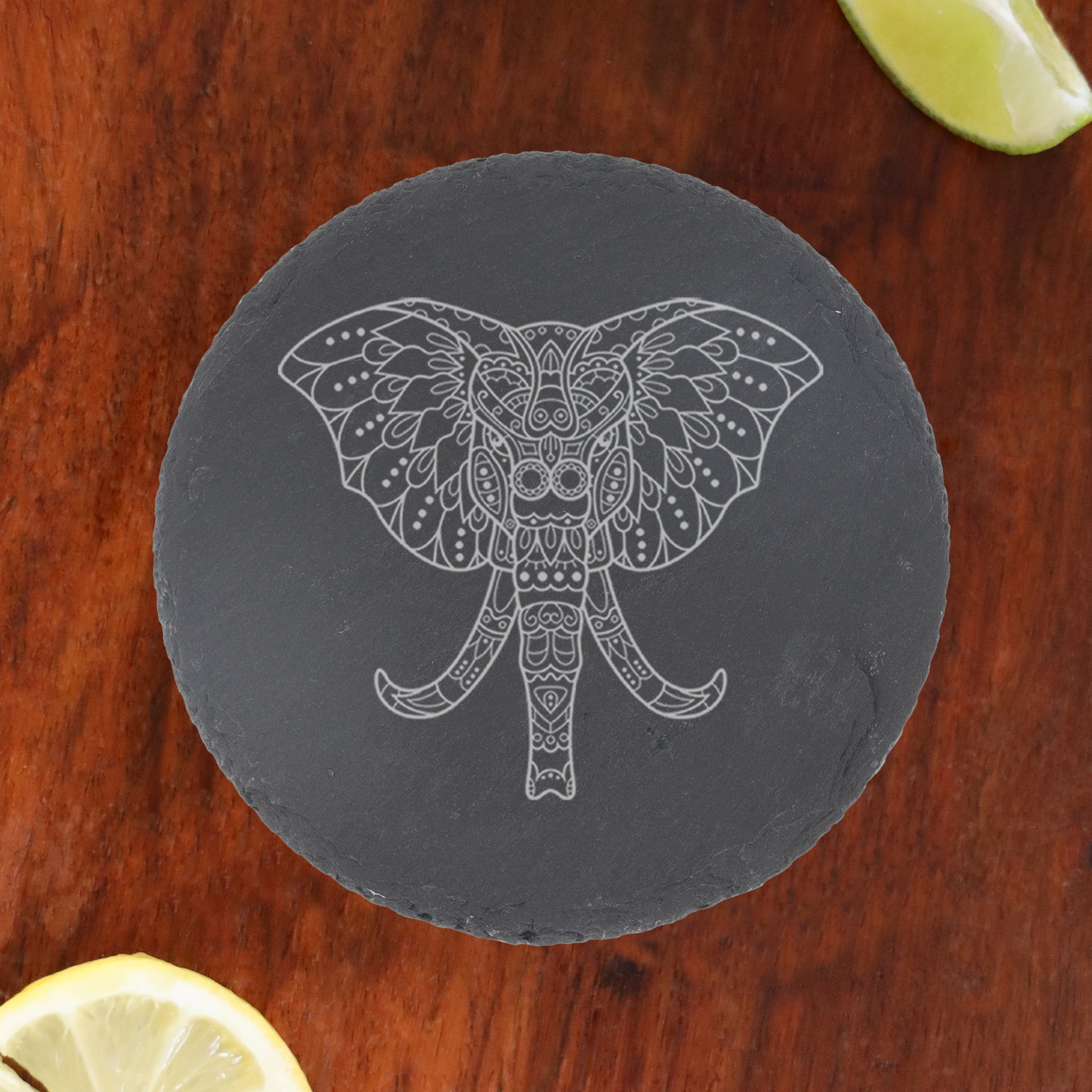 Elephant Mandala Engraved Beer Glass and/or Coaster Set  - Always Looking Good - Round Coaster Only  