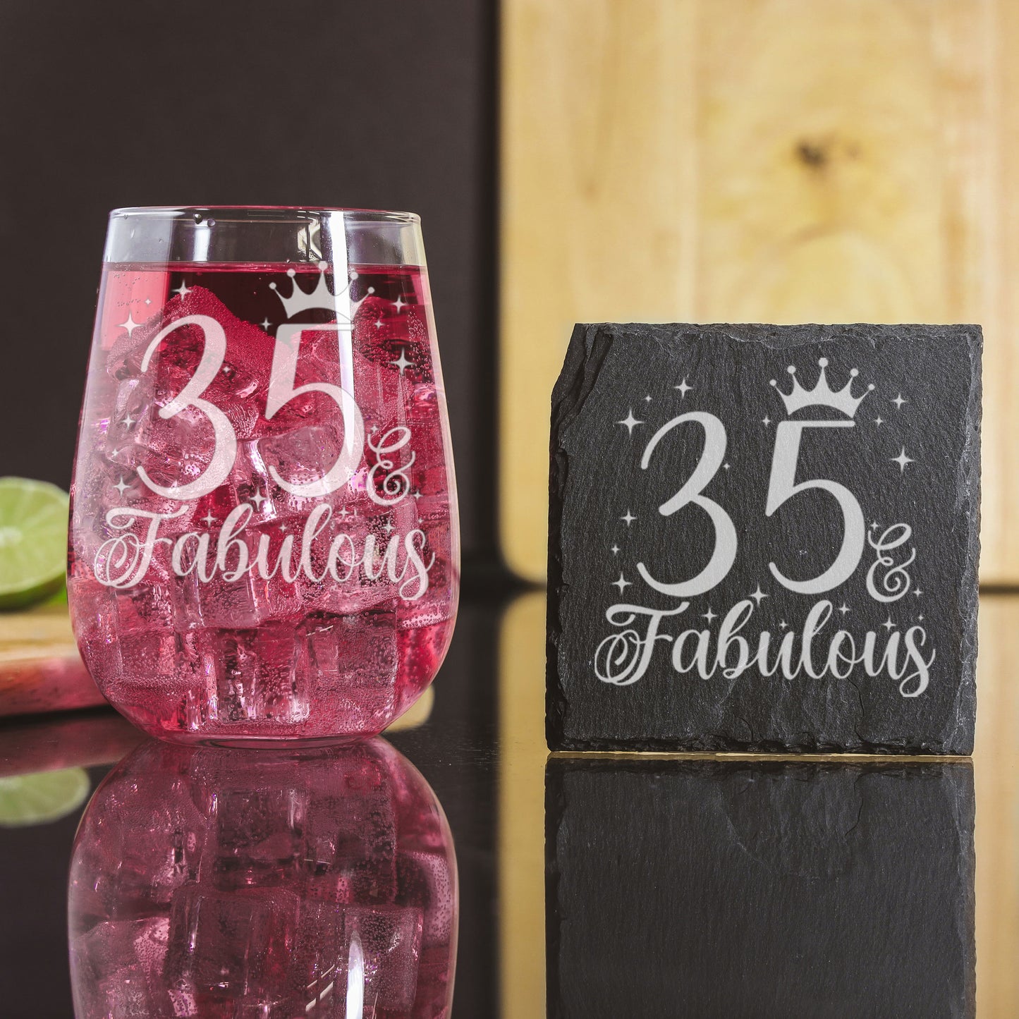 35 & Fabulous Engraved Stemless Gin Glass and/or Coaster Set  - Always Looking Good - Glass & Square Coaster Set  