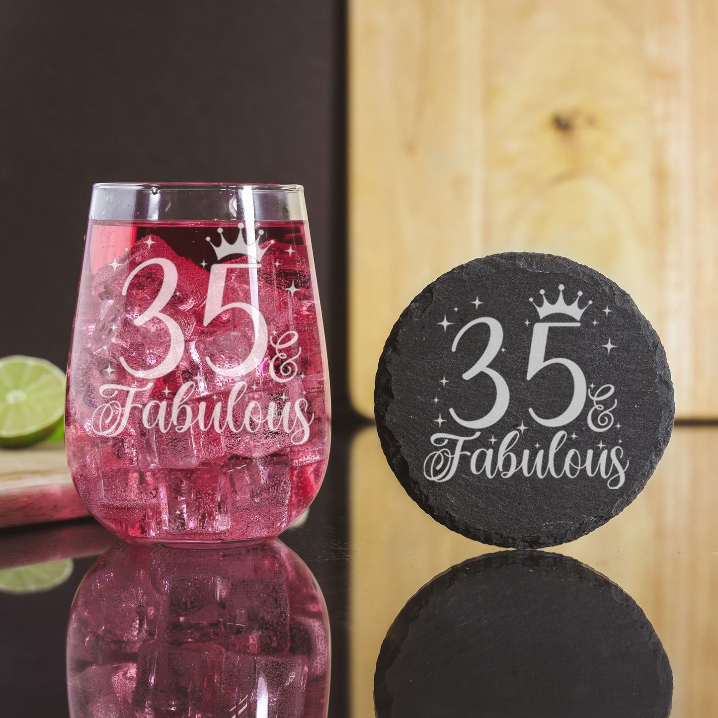 35 & Fabulous Engraved Stemless Gin Glass and/or Coaster Set  - Always Looking Good - Glass & Round Coaster Set  