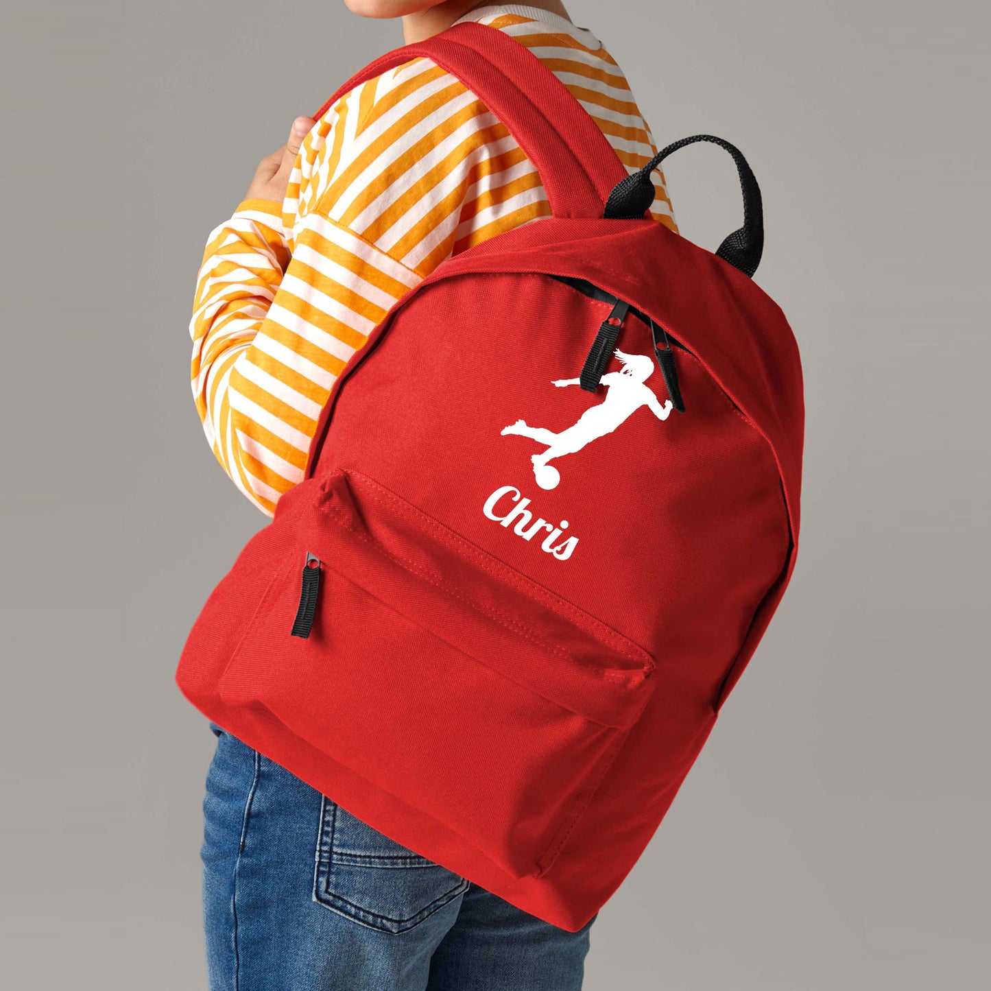 Personalised Female Footballer Backpack Bag, Kids Rucksack with Name & Design