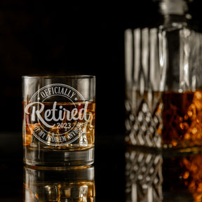 “Officially Retired” Engraved Retirement Whisky Glasses and/or Coaster Set  - Always Looking Good -   