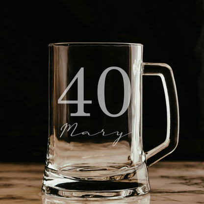 Personalised Beer Stein Glass & Coaster – Engraved with Age & Name Gift Set