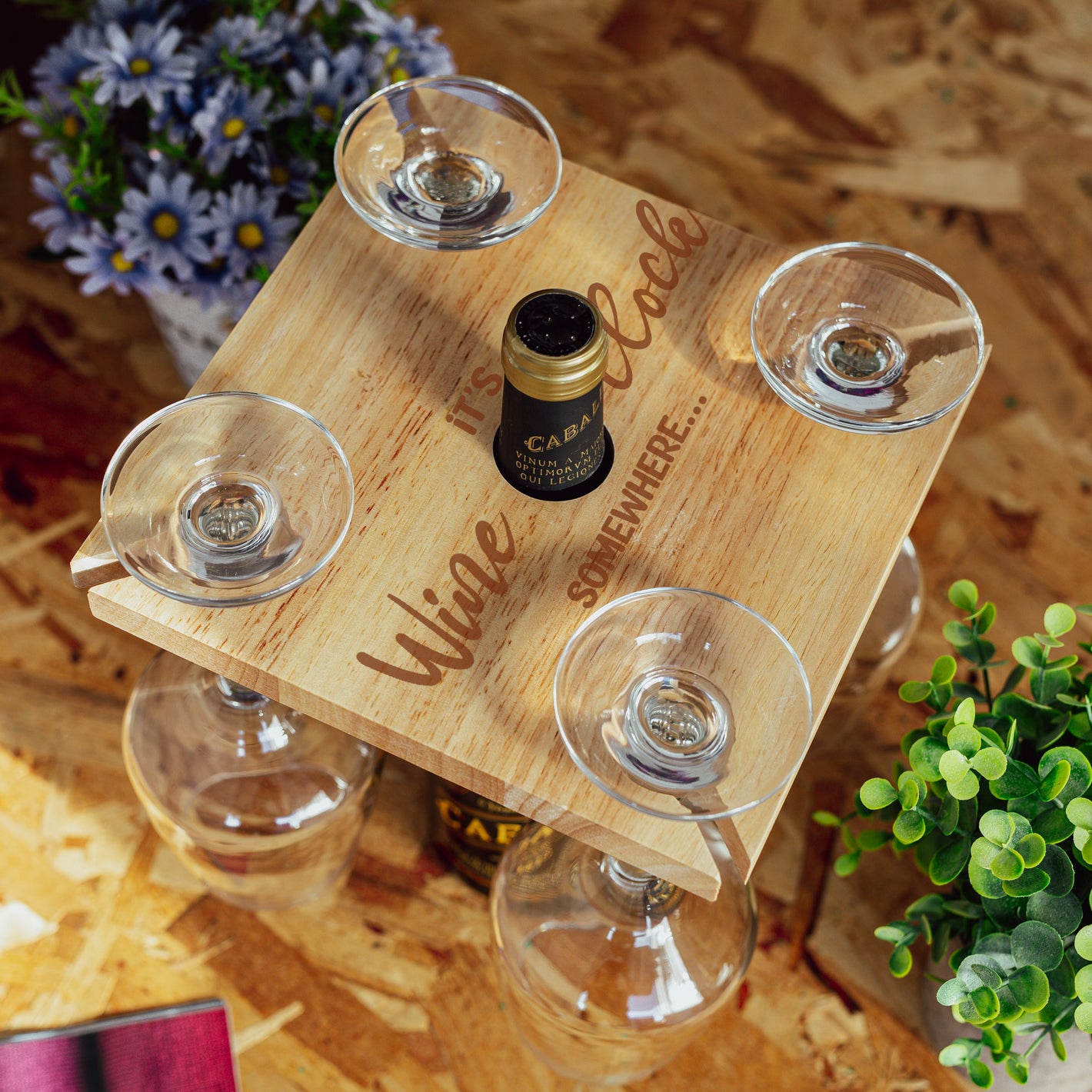 Engraved Wine Butler holds 4 glasses and bottle